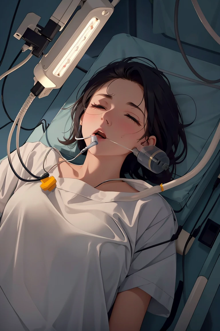 (RAW photo, best quality), (1girl), operating room, overhead surgical light,blurred background, focused,
 <lora:Intubation_V2.0-000006:0.8> intubation, closed eyes, lying, on back, cable,tube in mouth,open mouth, lying on table