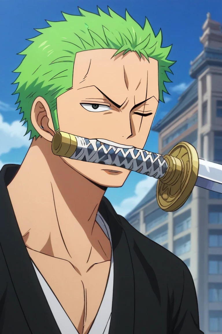 score_9, score_8_up, score_7_up, source_anime, intricate details, anime screencap, anime coloring, official style, , upper body, , 1boy, solo, male focus, <lora:zoro_roronoa_pony:0.82>, zoro_roronoa, green hair, black eyes, short hair, , , post timeskip, wano country arc, chonmage, kimono, scar across eye, one eye closed, sideburns, katana, , mouth hold, , The City of Mirrors, , <lora:sdxl_lightning_8step_lora:1>