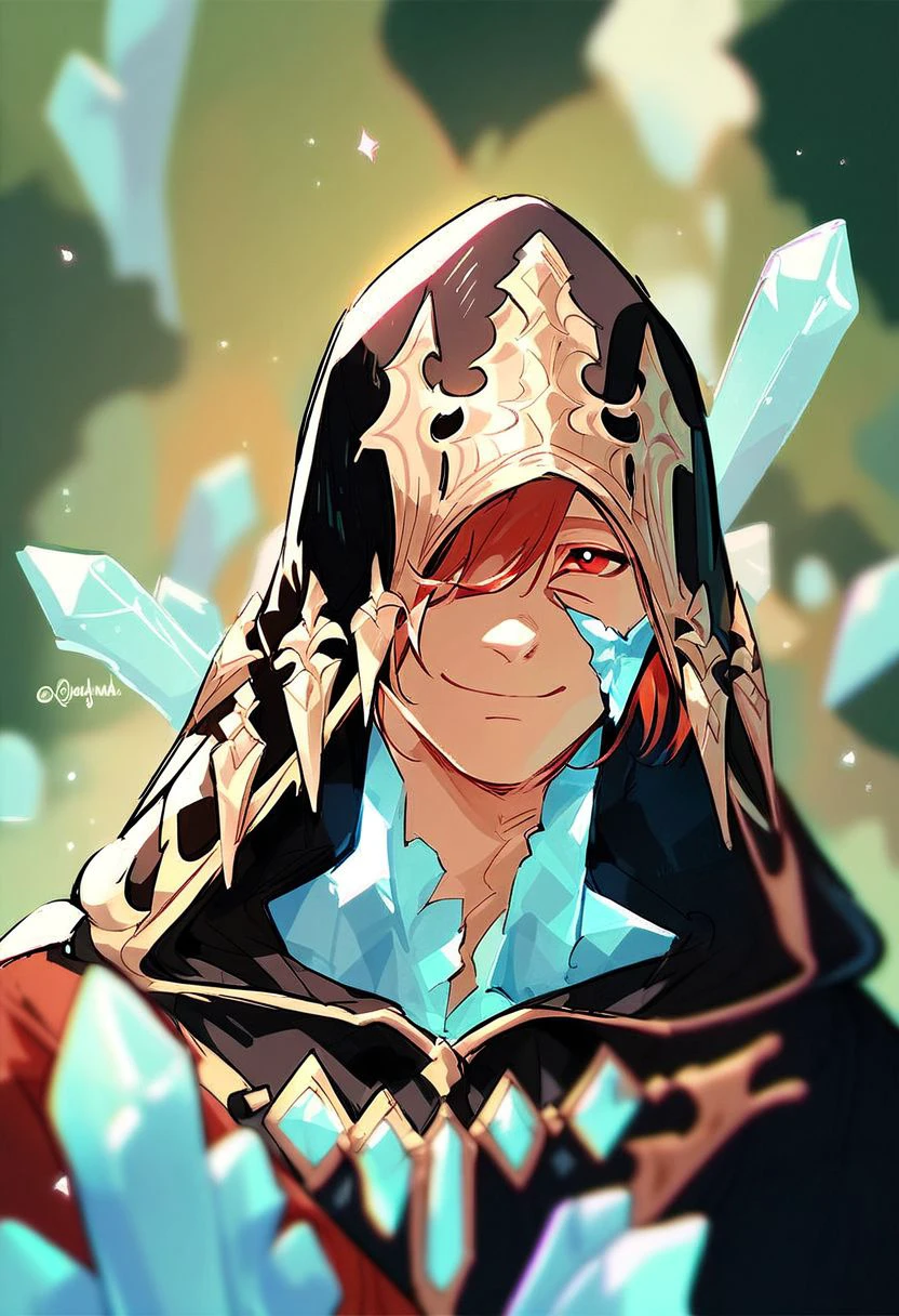 crystalexarchdskffxiv, red eyes, solo, male focus, 1boy, crystal, hood, depth of field, one eye covered, smile, blurry, closed mouth, PonyXLV6_Scores zPDXL