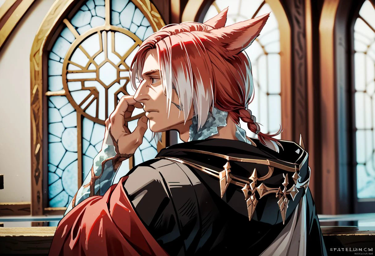 crystalexarchdskffxiv, 1boy, male focus, animal ears, solo, miqo'te, red hair, cat ears, multicolored hair, hood down, short hair, hood, upper body, hooded robe, crystal, from behind, black robe, braid,  white hair, two-tone hair, hand up, stained glass, portrait, robe, single braid, from side, short ponytail, braided ponytail, realistic, PonyXLV6_Scores zPDXL