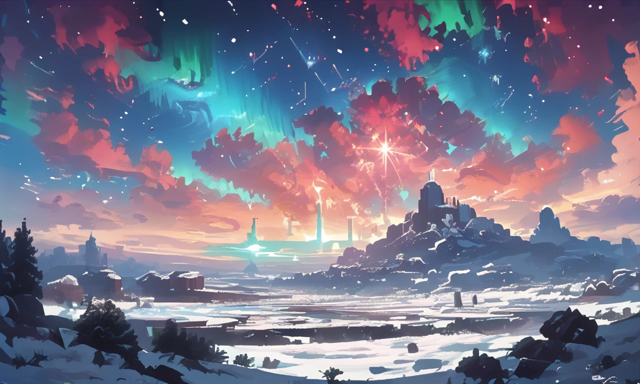 A snowy landscape under the aurora borealis, with a small, cozy cabin emitting warm light from its windows. The snow glows under the ethereal lights of the aurora, and mysterious, snowy creatures leave tracks leading into the woods. <lora:Space_Operetta_Neo_-_Pony_Edition-000007:1>