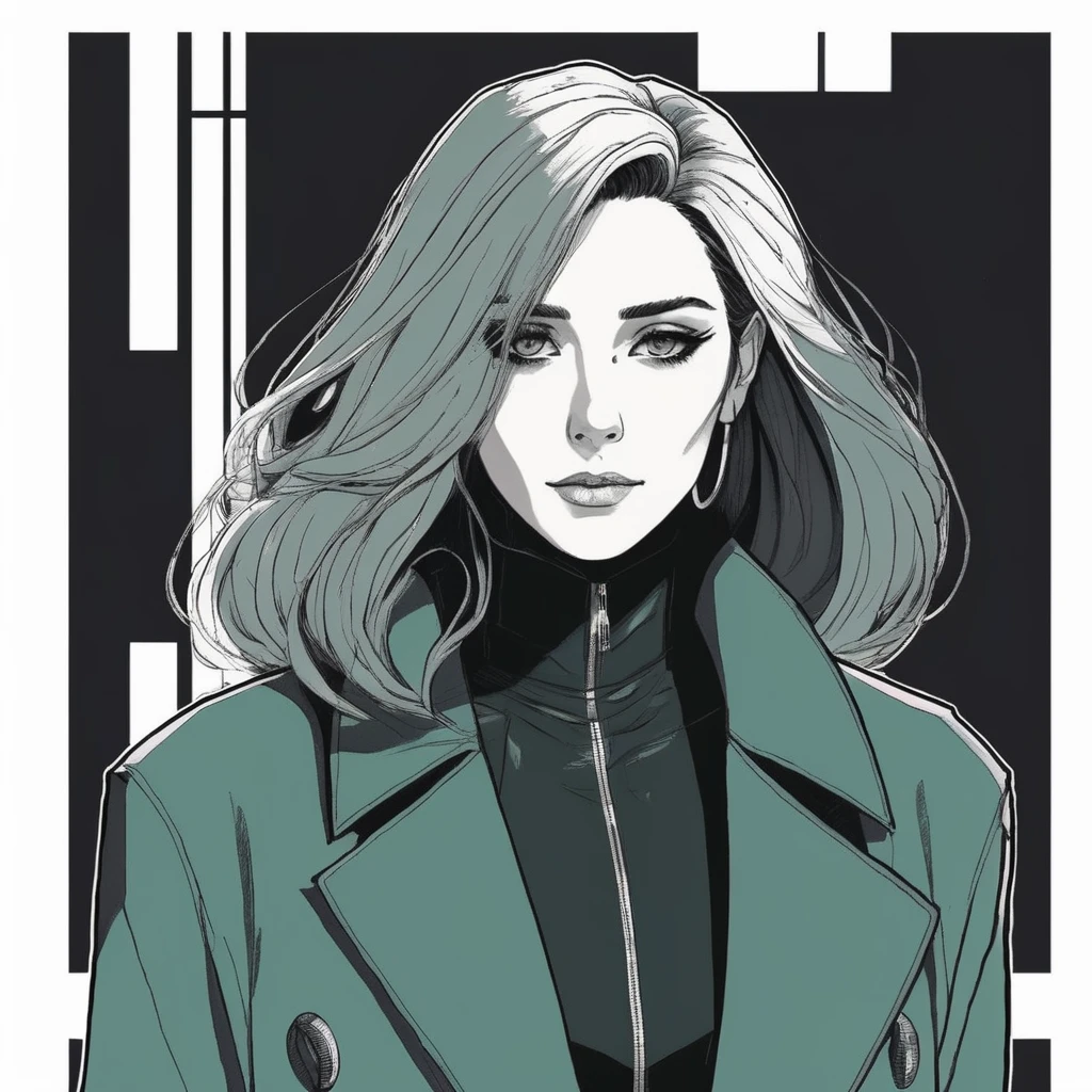 ((90s Anime style illustrattion)) drawing of a face of woman wearing a long matrix coat,2D,  elixolsen,   <lora:eliolsen_juggerX_v7_standard_wocap_merger_27_74_98_02_03_05-elixolsen:1>