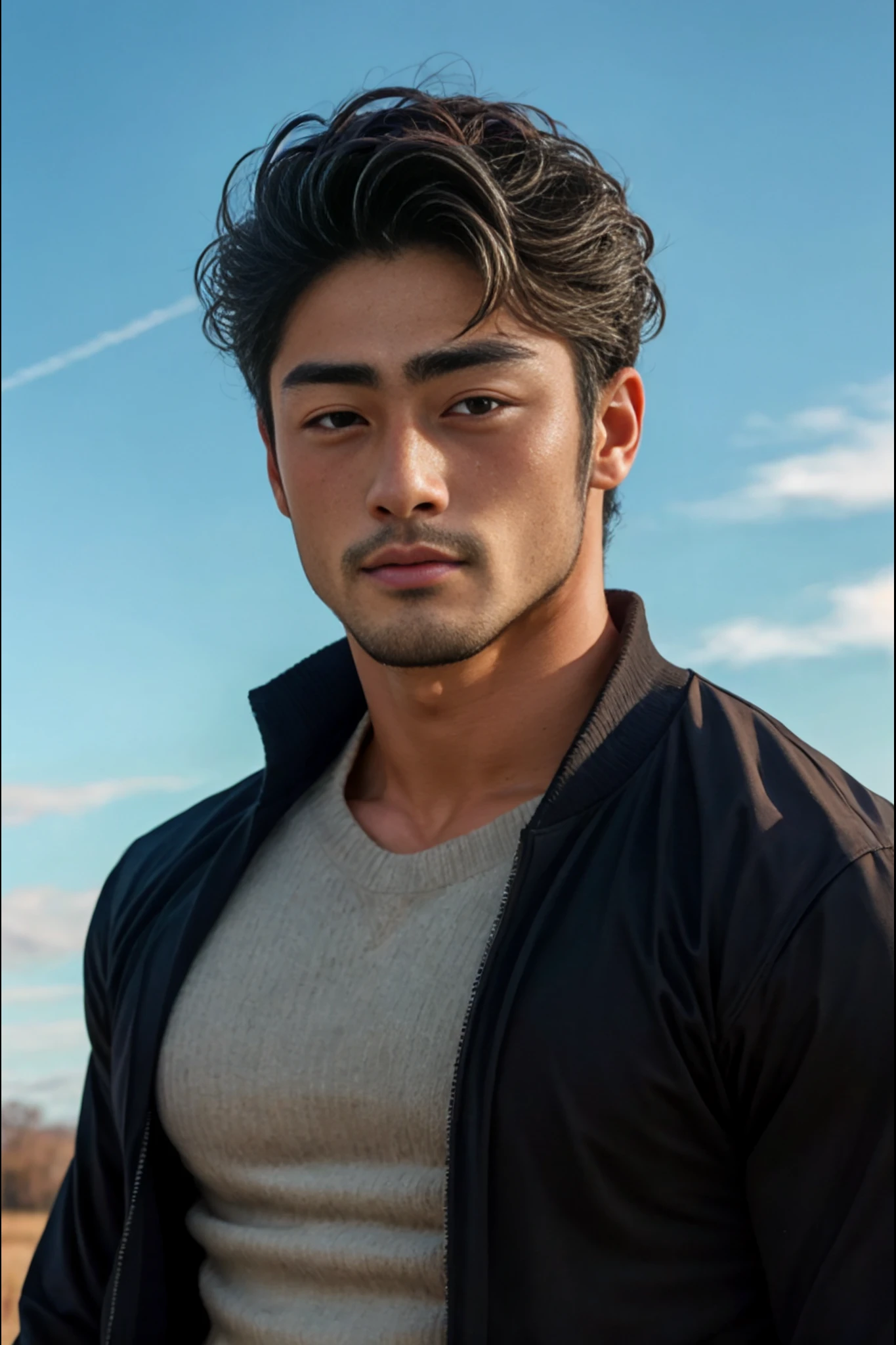 <lora:Kenji_GV:1>1boy, athletic, beard, beautiful, beautiful boy, black hair, black jacket, father, grey sweater, handsome man, hunk, jacket, japanese, jock, male, male focus, male model, mature male, model, outdoors, realistic, ripped, shirt, short hair, sky, upper body