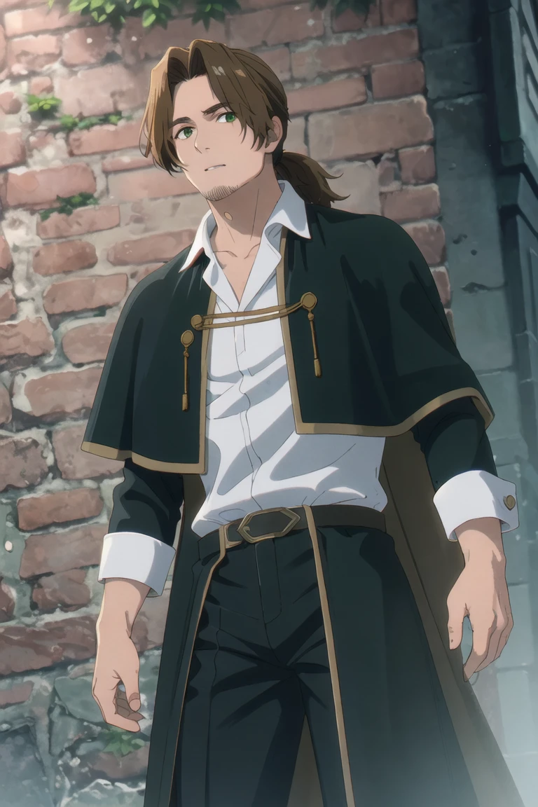 solo male, Sein \(Frieren: Beyond Journey's End\), priest, brown hair, low ponytail, parted bangs, thin hair, stubble, green eyes, white collared shirt, (shirt white hems, untucked shirt:1.3), dark coat with a golden accent, dark capelet, dark sleeves, black pants, black footwear. open coat, mature, handsome, charming, alluring, standing, upper body, perfect anatomy, perfect proportions, best quality, masterpiece, high_resolution, dutch angle, cowboy shot, photo background, old city<lora:EMS-360624-EMS:1.000000>