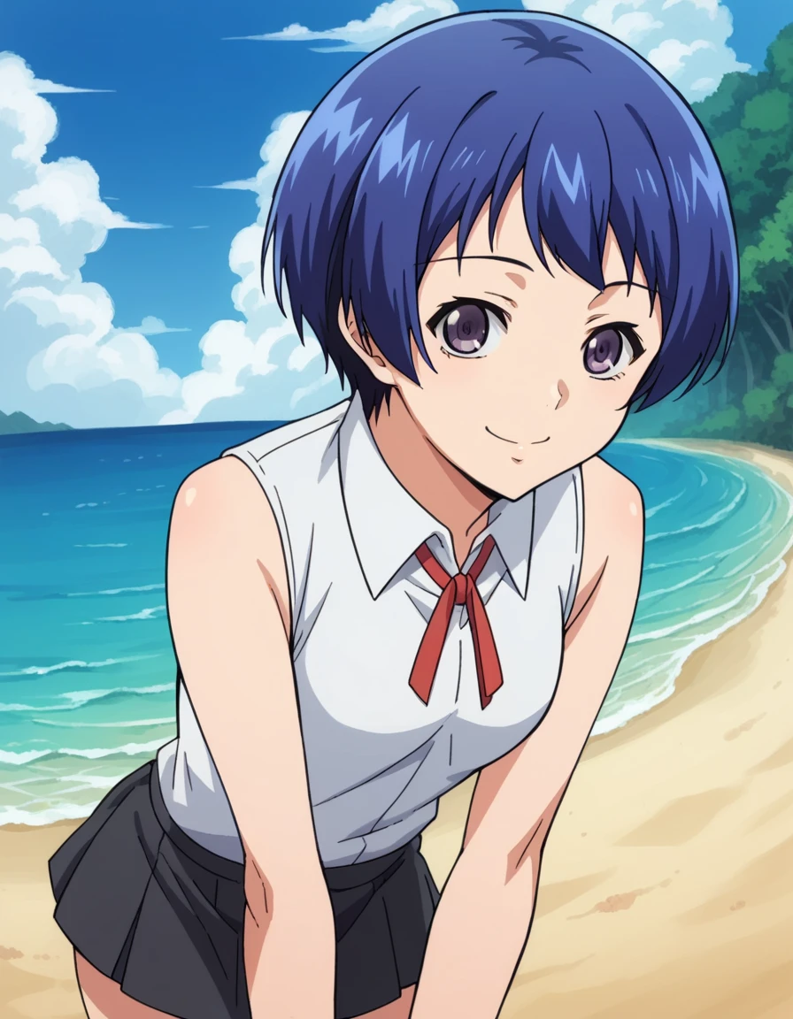 score_9, score_8_up, score_7_up, source_anime,
ainayoshizawa, <lora:aina-yoshizawa-s1-ponyxl-lora-nochekaiser:1>,
aina yoshizawa, short hair, blue hair, purple eyes,
skirt, sleeveless, socks, shirt, white shirt, collared shirt, ribbon, neck ribbon,
outdoors, beach, smile, bent over,
looking at viewer, dutch angle, cowboy shot, solo,