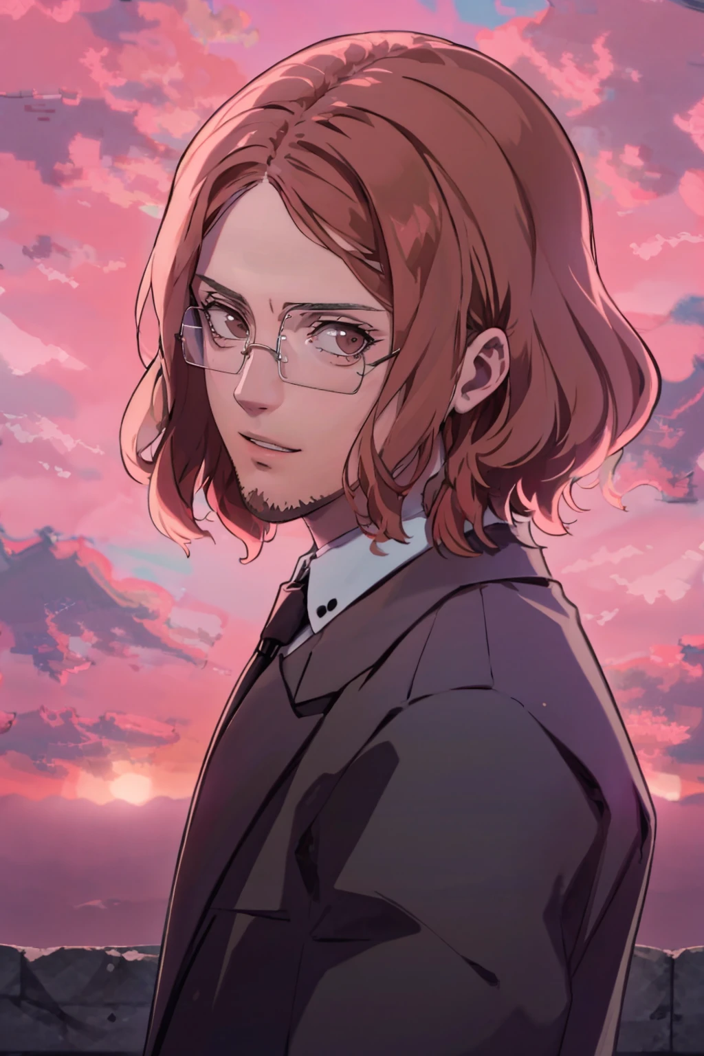 (masterpiece, best quality:1.2), 1boy, solo, standing, upper body, solo, smile, parted lips, looking at viewer, <lora:ZenkichiP5S:0.8> defZenkichi, glasses, beard, formal, suit, jacket, necktie, red background <lora:FE3H S Rank:1> sky, cloud, sunset