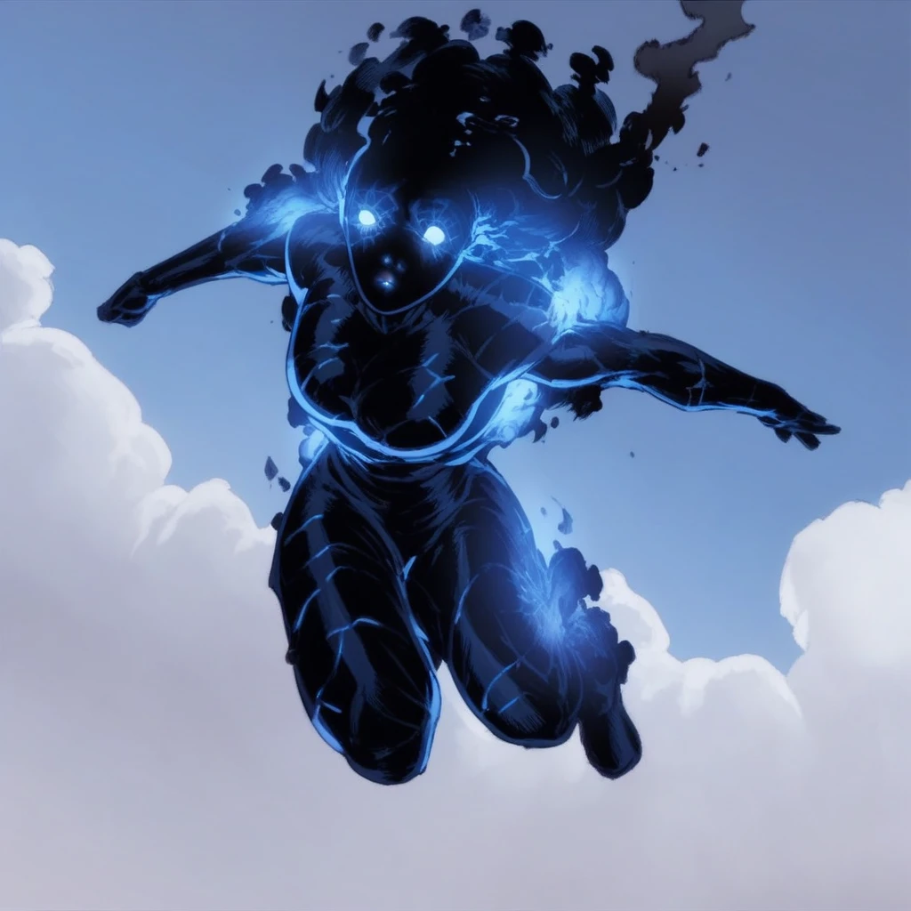 score_9, score_8_up, score_7_up, soce, woman, black charcoal skin, black smoke hair, glowing light blue solid eyes, light blue cracks in skin, flying up through the sky,