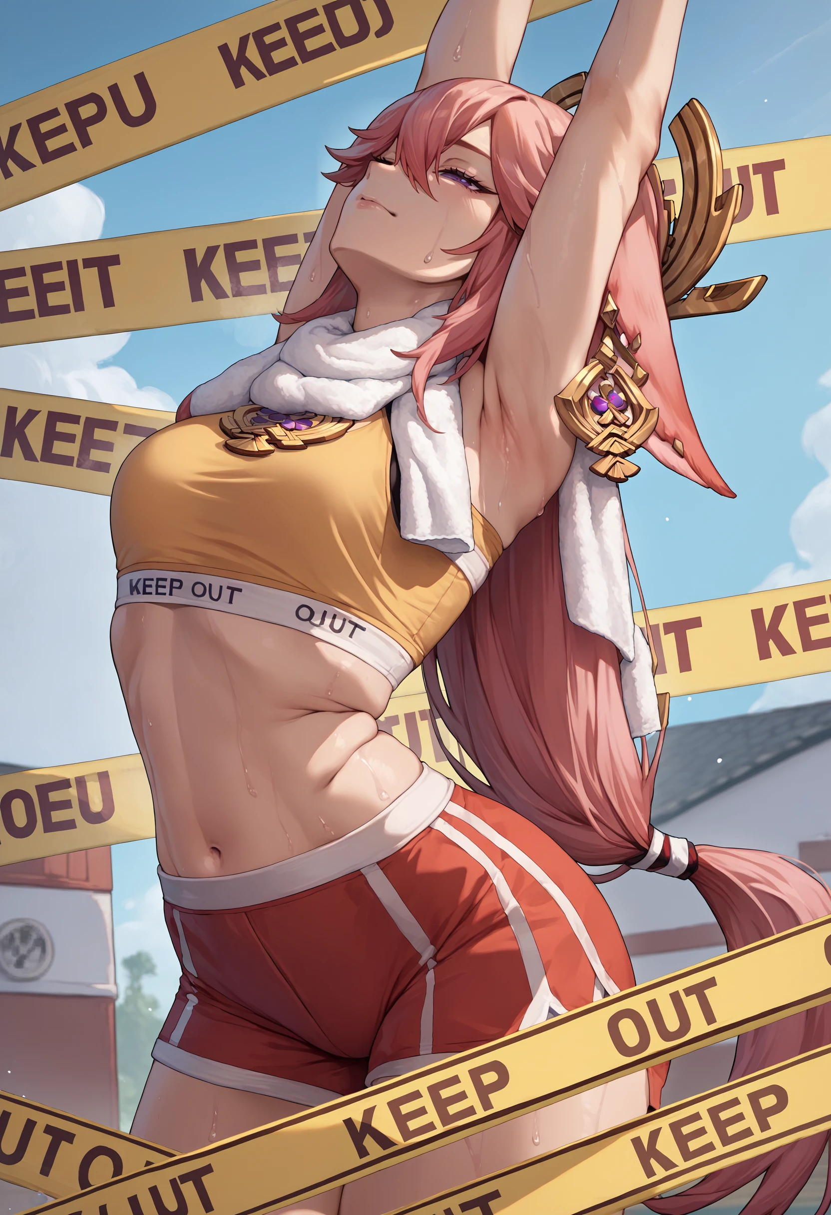 score_9, score_8_up, score_7_up, source_anime, 1girl,  <lora:KeepOut_XLPD:1>, keep out, caution tape, yae miko, <lora:pose_cammystretch_ponyXL:1>, cammystretch, stretching, arms up, sports bra, shorts, sweat, towel around neck,