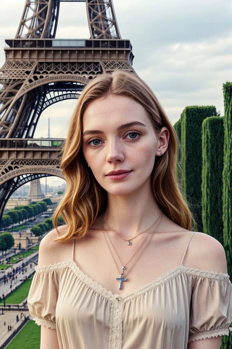 European woman, closeup, (shirt), pants, (eiffel tower), cross necklace , ZM_isa, wide shoulders, perfect face, (contact iris: 1.1), pale skin, skin pores , depth of field