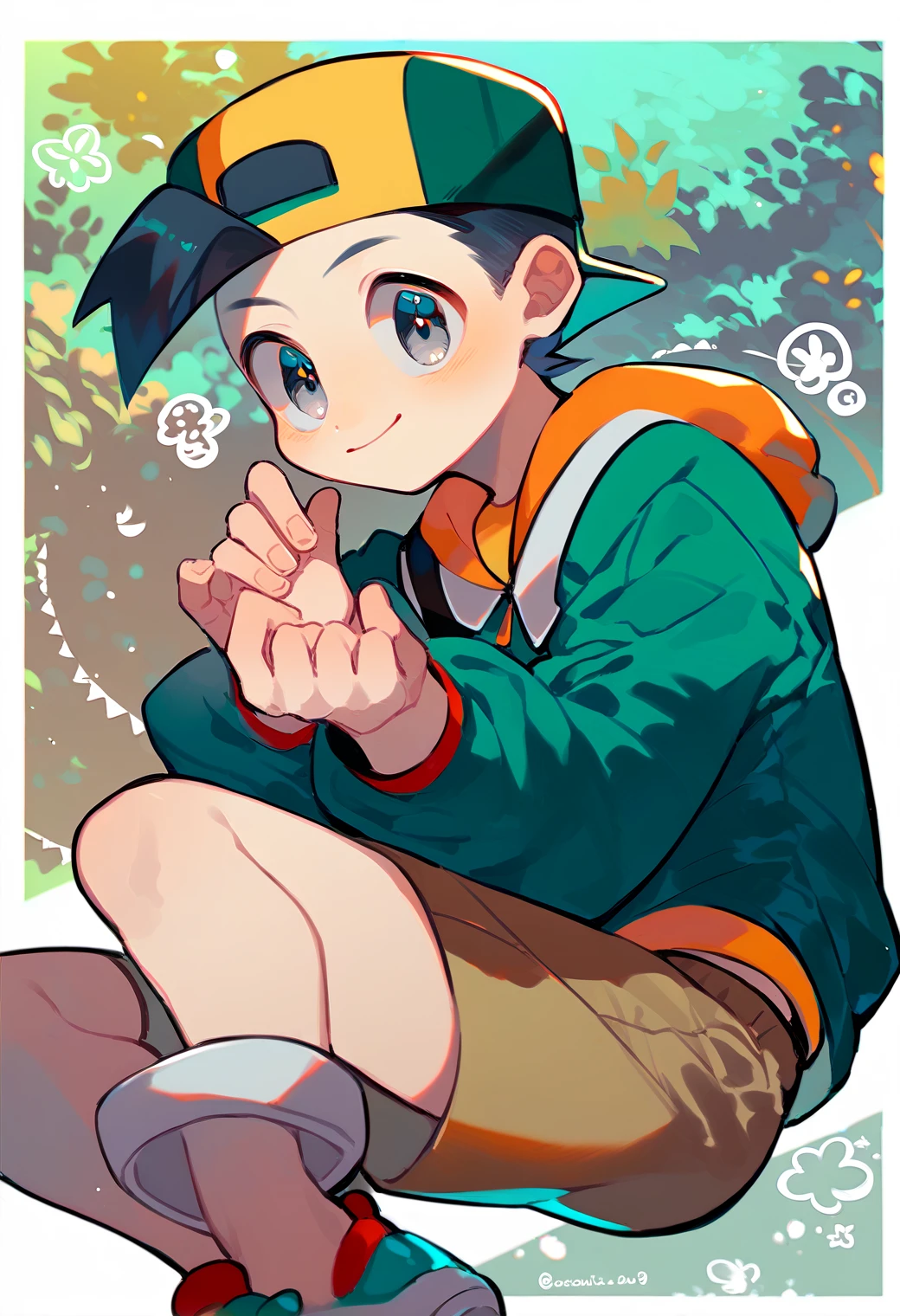 score_9_up, score_8_up, score_7_up, score_6_up, score_9, cute, 1boy, solo, ethan, black hair, grey eyes, green with yellow baseball cap, backwards cap, green hoodie, yellow shirt, brown shorts, green with white shoes<lora:EMS-360038-EMS:1.000000>