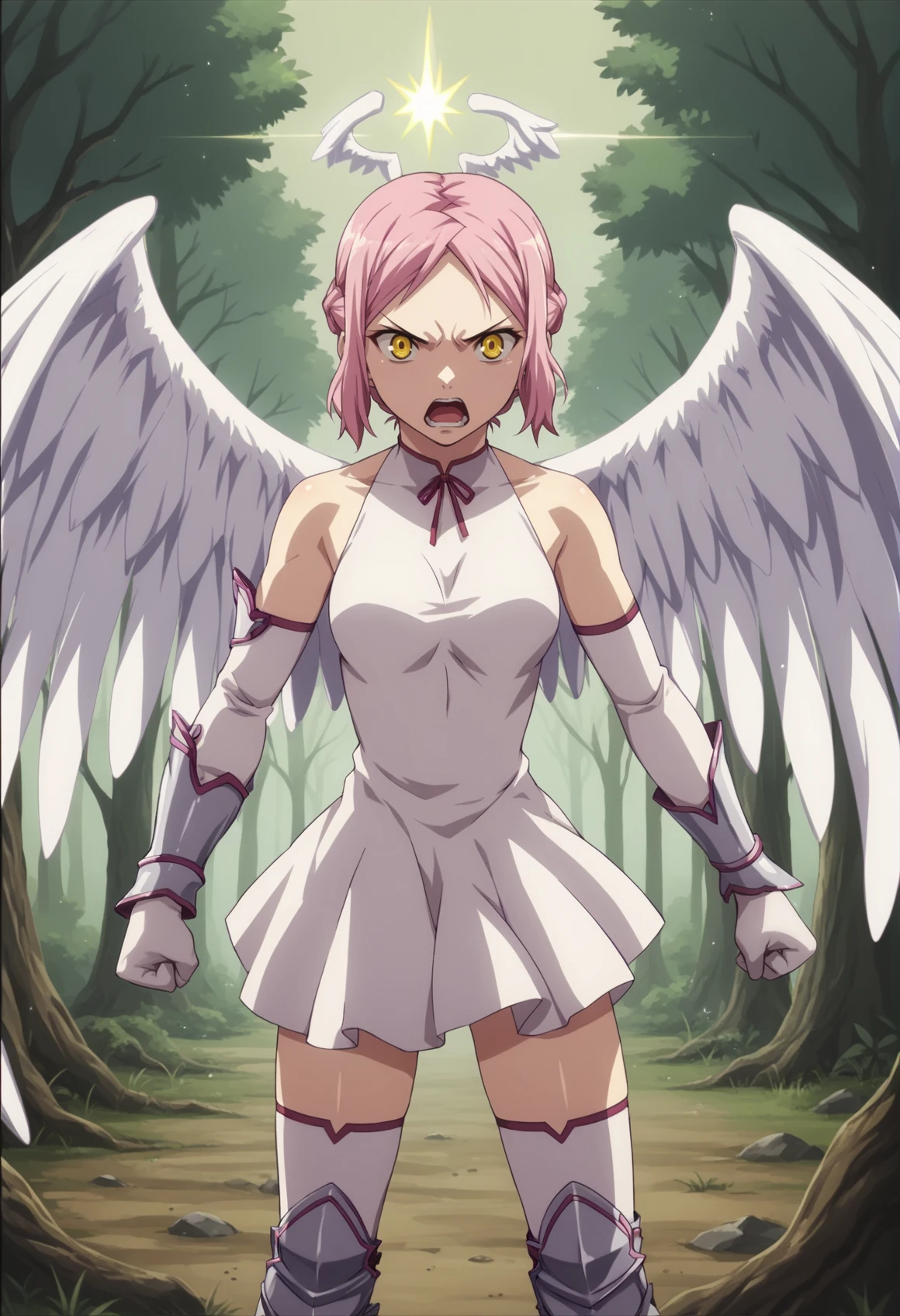 1girl, short hair, pink hair, sidelocks, french braid, yellow eyes, disgust, angel wings, medium breasts, white dress, elbow gloves.  thighhighs, greaves, cowboy shot, outdoors, forest, incoming attack, holy light, energy, magic, raised fist,  open mouth serious <lora:Hachiel_Queens_Blade_XL:0.8>, score_9, score_8_up, score_7_up, score_6_up, score_5_up, score_4_up, BREAK source_anime, masterpiece