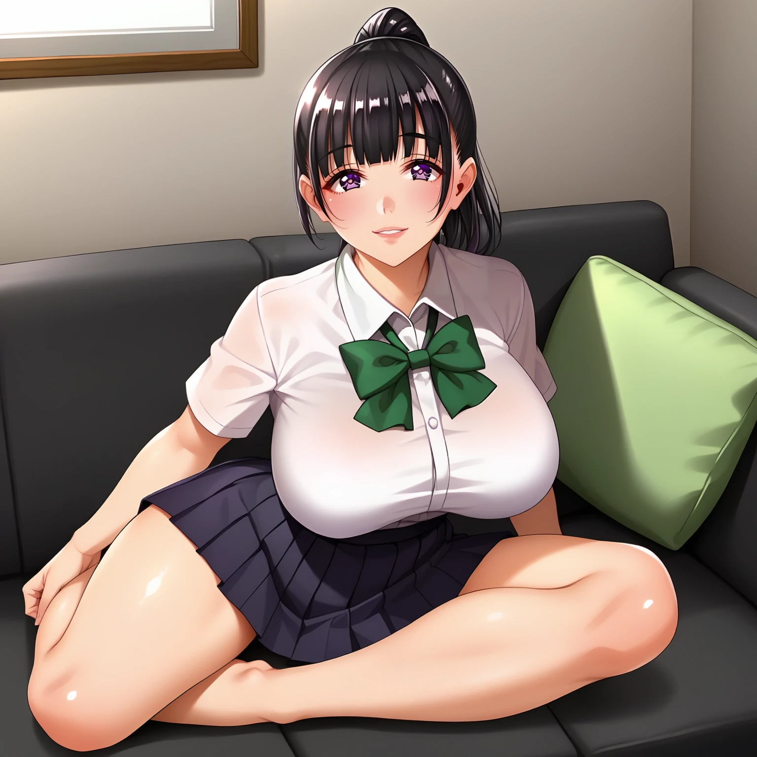 <lora:YuiTachibanaXLpony001>,looking at viewer,smile,parted lips,
solo,
YuiTachibana,1girl,black hair,ponytail,purple eyes,
large breasts,
white shirt,green bowtie,
pleated skirt,thigh,
full body,sitting,sofa,