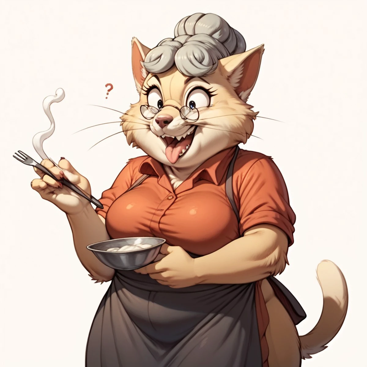 score_9, score_8_up, score_7_up, score_6_up, score_5_up, score_4_up,
source_furry,
masterpiece,
shading,
cartoon,
1girl,
solo,
female,
furry,
furry female,
cat,
feline,
Aunt_Polly, solo, 1girl, apron, glasses, open mouth, furry, fat, smile, buck teeth, round eyewear, whiskers, animal ears, looking at viewer, teeth, simple background, furry female, short sleeves,red dress,
 <lora:Aunt_Polly_Tom_Sawyer_2000_Pony_SDXL:1> aunt_polly, dumb,
confused,
teeth,
tongue out,