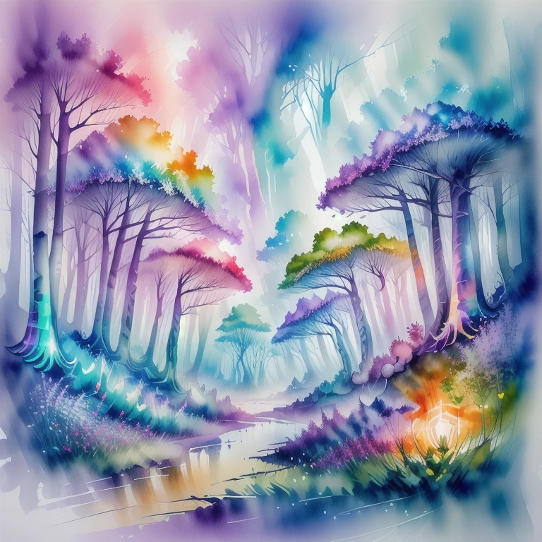 ((best quality, masterpiece, absurbres, super-resolution)),(atmospheric lighting),Enchanted mystical forest,glowing mushrooms,neon-colored flowers,extremely beautiful landscape,expansive landscape photography,(a low view that prioritizes the entire scene),(wide open field view),(low angle shot),(high key lighting:1.5),(warm light source:1),complex details,(iridescent colors:1.5),(bright lighting),nature,magical,scenery,landscape,
,<lora:5WaterColorful-000003:1>