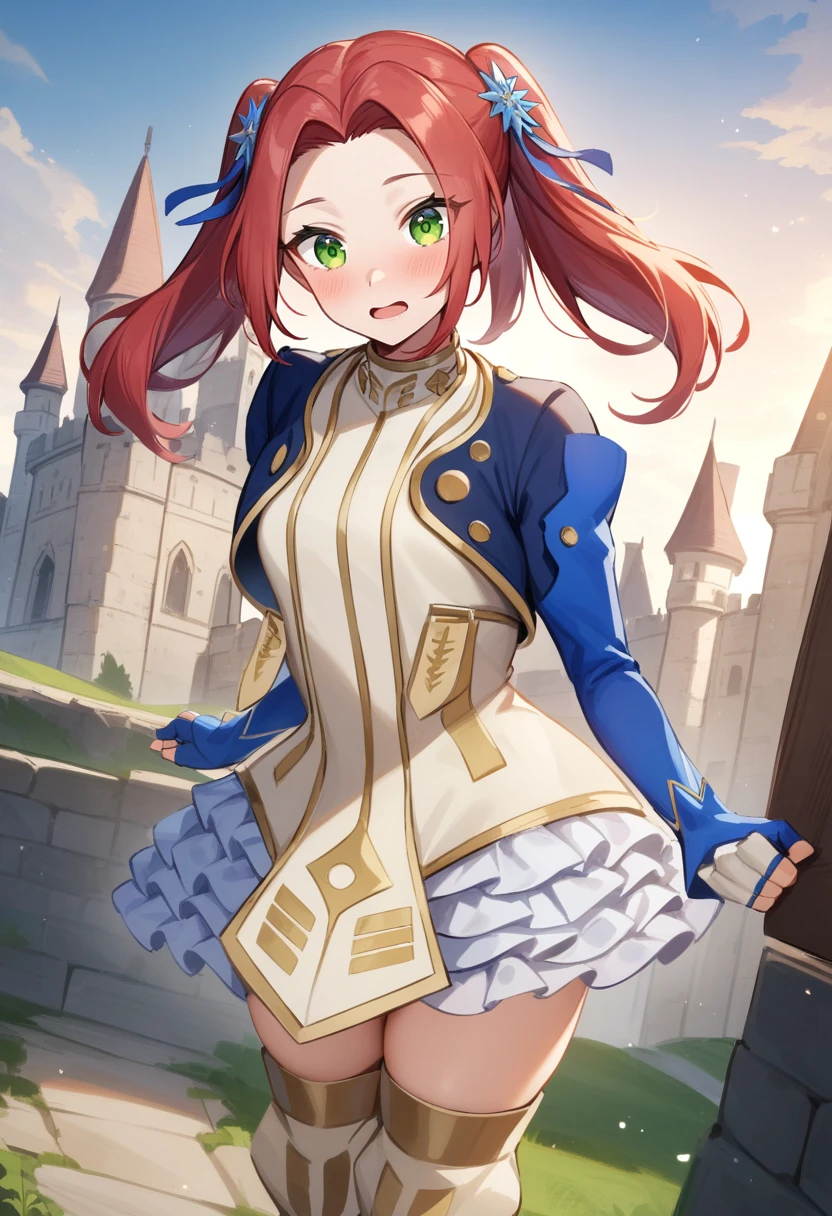 masterpiece, best quality, very aesthetic, absurdres, eleanor hume, green eyes, twintails, short dress, red hair, hair ornament, thigh boots, cropped jacket, frills, fingerless gloves, castle, <lora:Eleanor_Hume_XL:1>