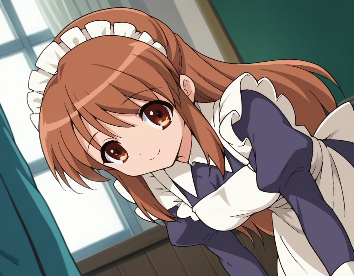 score_9, score_8_up, score_7_up, source_anime,
mikuruasahina,  <lora:mikuru-asahina-s1-ponyxl-lora-nochekaiser:1>,
mikuru asahina, long hair, brown hair, brown eyes,
long sleeves, apron, maid, maid headdress,
indoors, classroom, bent over, smile,
looking at viewer, dutch angle, cowboy shot, solo,