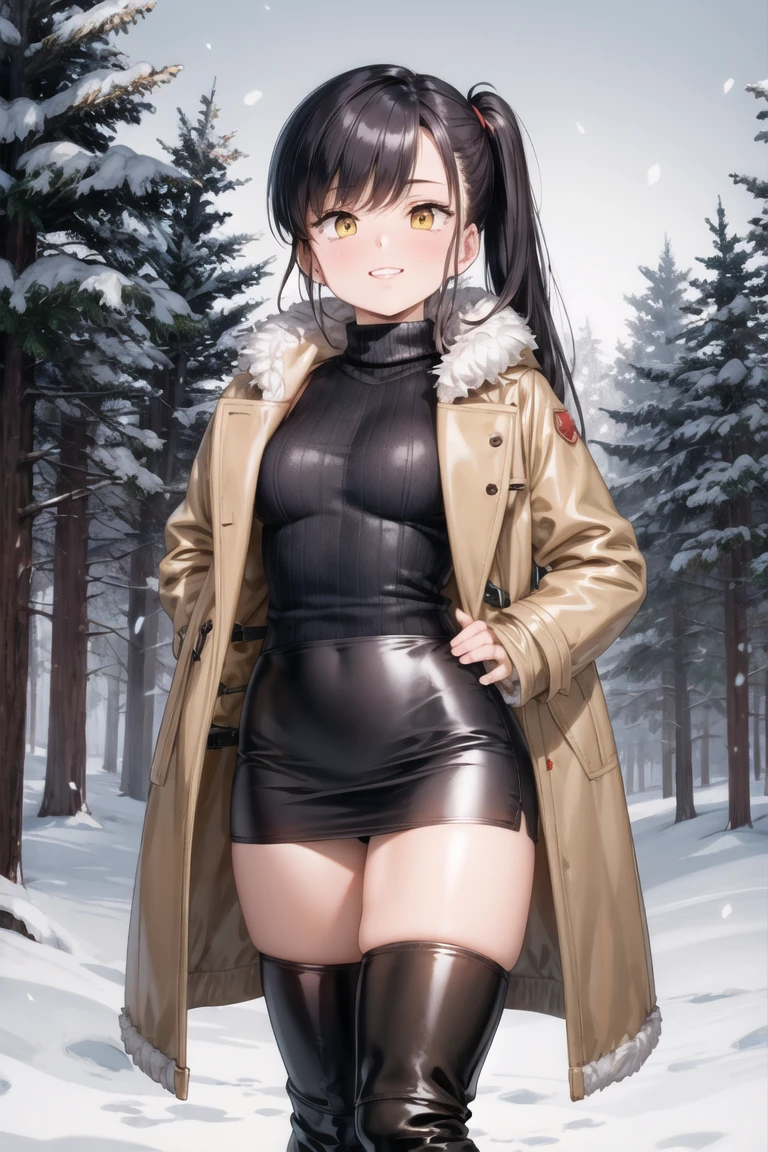 (masterpiece, best quality, beautiful and aesthetic:1.2), 1girl, solo,(soft skin:1.1),standing, cowboy shot,(detailed background), outside, snowstorm in the ice mountains, at dawn, winter clothes, (long overall coat:1.3), turtleneck sweater, (miniskirt:1.3), (long fur leggings:1.3),  (long leather boots:1.3), charming pose, seductive, smiling, yellow eyes, black hair, pony tail,
<lora:urushihara_satoshi-10:1.0:lbw=ALL>