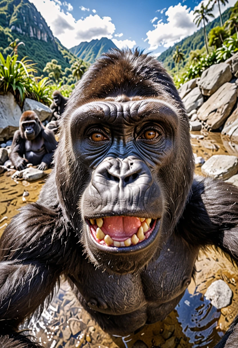 a gorilla takes a selfie in mountain hot spring, in the style of fisheye effects, funny mood, strong facial expression, wimmelbilder, tilt shift,