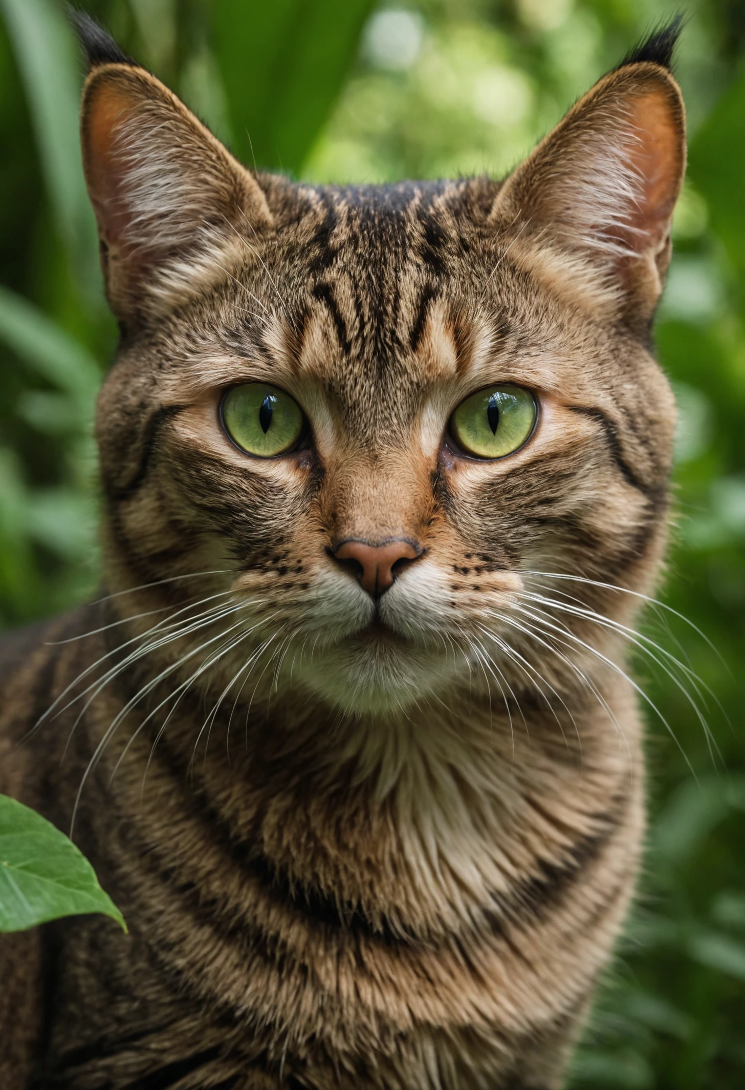 High Geographic Nation Symmetrical Close-up Portrait Session in the Green Jungle of an Expressive Cat Animal , anamorphic lens, ultrarrealista, hiperdetallado, núcleo verde, core of the jungle âar 16:9 âq 2 âv 5
