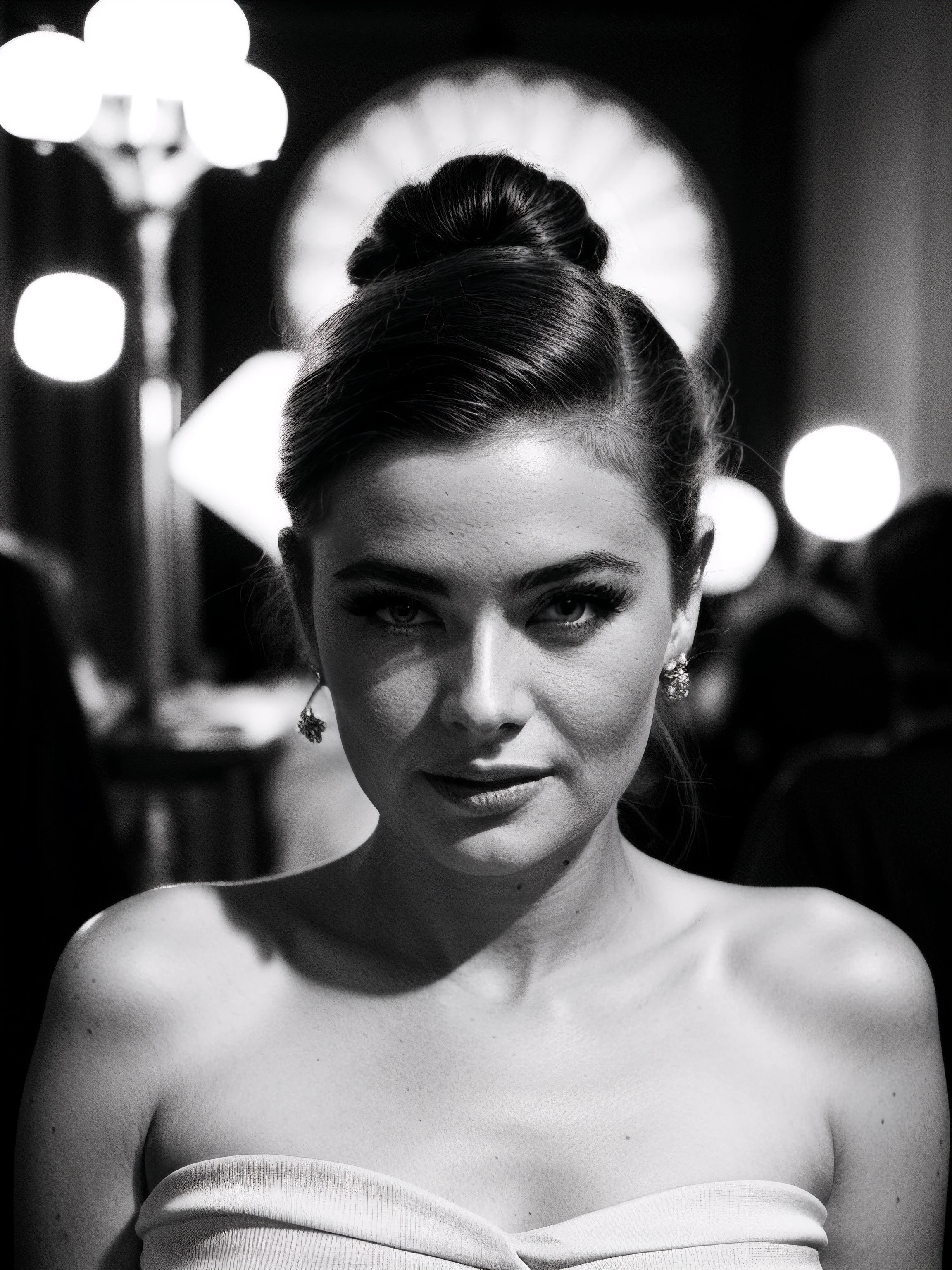 Millie-b, monochrome, portrait, 1950s hairstyle, 50s makeup, jewelry, formal hairstyle, glamour, headshot, (looking at viewer), parted lips, fujifilm, masterpiece, photograph, <likenesshelpbyshurik3>:0.7, (film grain):1.7, traditional media, (bokeh background:1.3)