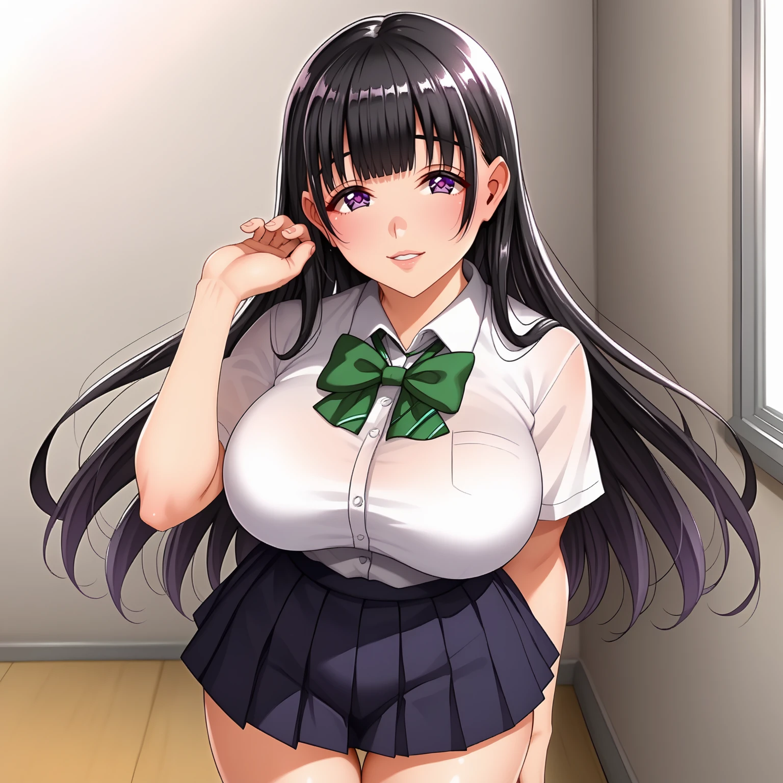 <lora:YuiTachibanaXLpony001>,looking at viewer,smile,parted lips,
solo,
YuiTachibana,1girl,black hair,long hair,purple eyes,large breasts,
white shirt,green bowtie,
pleated skirt,thigh,
standing,