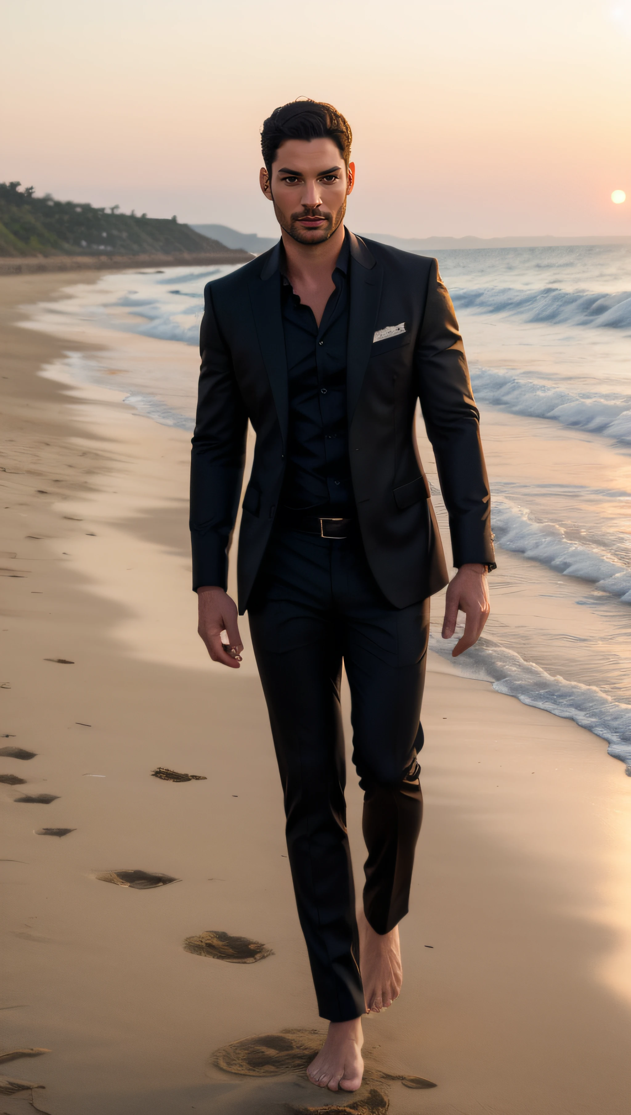 (Tom Ellis+Tom Welling) Lucifer with glowing red eyes, light beard, wearing shiny satin elegant black suit, black silk shirt, intricate ornate. Walking in a beach, sunset. full body, barefoot