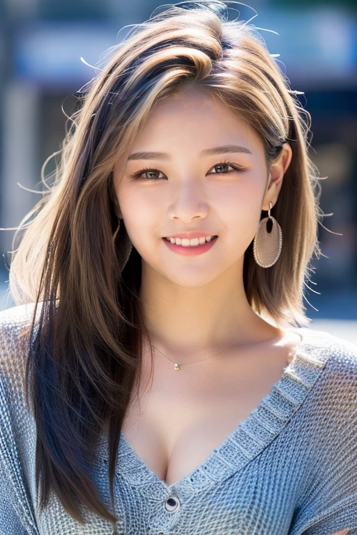 (masterpiece, best quality:1.4), 8k, highres, shiny skin, lips, super detailed skin, detailed beautiful face and eyes, spotlight, professional lighting, (full body), (medium breasts, sweater), realistic, jewelry, earrings, looking at viewer, sleeves past wrists, smile, (short hair, lips, brown eyes), (blue hair:1.4), street corner, jungyeonsan, <lora:jungyeon_v2:0.8>