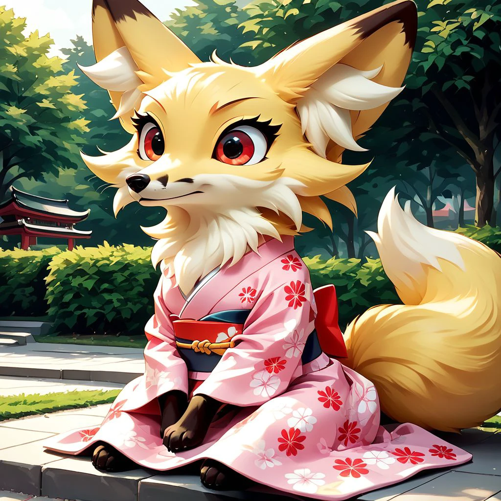 anthro, solo, feral, female, canid, fox, red_eyed_fox, yellow fur, clothes, sitting, wearing pink kimonos, fluffy fur, big red eyes, big fox tail, big fox ears, at park, score_9_up, score_8_up, score_7_up, source_anime