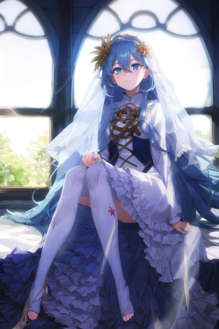 masterpiece,BEST QUALITY,godwu1,indorrs,bed sheet,window,light through window,sitting,cowboy shot,<lora:godwu:0.9>,blue eyes,blue hair,long hair,dress,toeless legwear,hair ornament,very long hair,long sleeves,bangs,jewelry,frills,veil,hair between eyes,