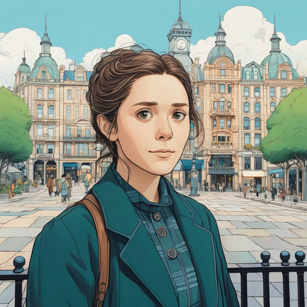 Studio ghibli style illustration of the face of a woman looking at the viewer with a victorian city square in the background, elixolsen, <lora:eliolsen_juggerX_v7_standard_wocap_merger_27_74_98_02_03_05-elixolsen:1.1>
