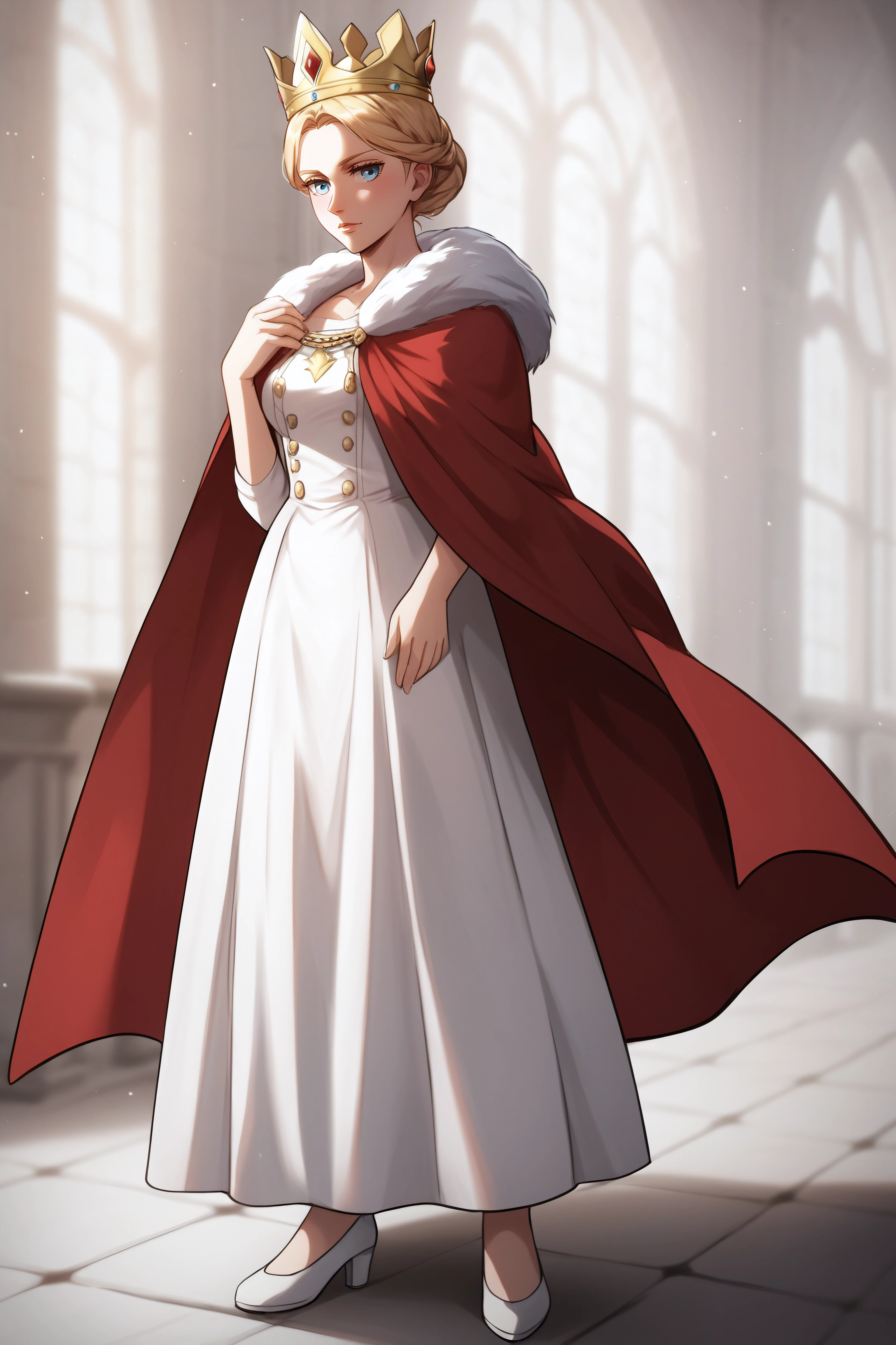 score_9, score_8_up, score_7_up, BREAK source_anime, <lora:historia reiss-PonyXL-lora-Faxtron:0.8> historia reiss, hair bun, medium breasts, long white dress, red cape, fur trim, crown, white shoes,