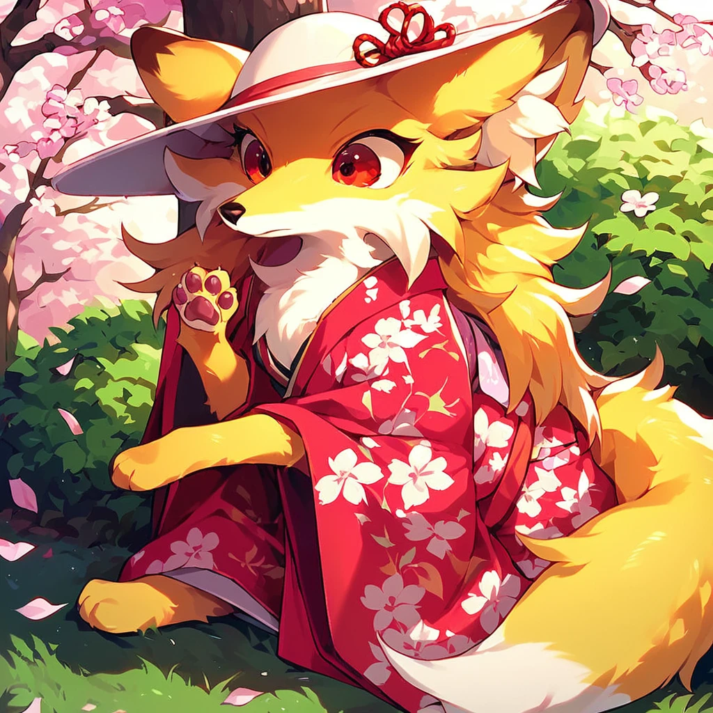 anthro, solo, feral, female, canid, fox, red_eyed_fox, yellow fur, clothes, sitting, wearing pink kimonos, white hat, fluffy fur, red eyes, big fox tail, big fox ears, at park, score_9_up, score_8_up, score_7_up, source_anime <lora:Wanpi:1>
