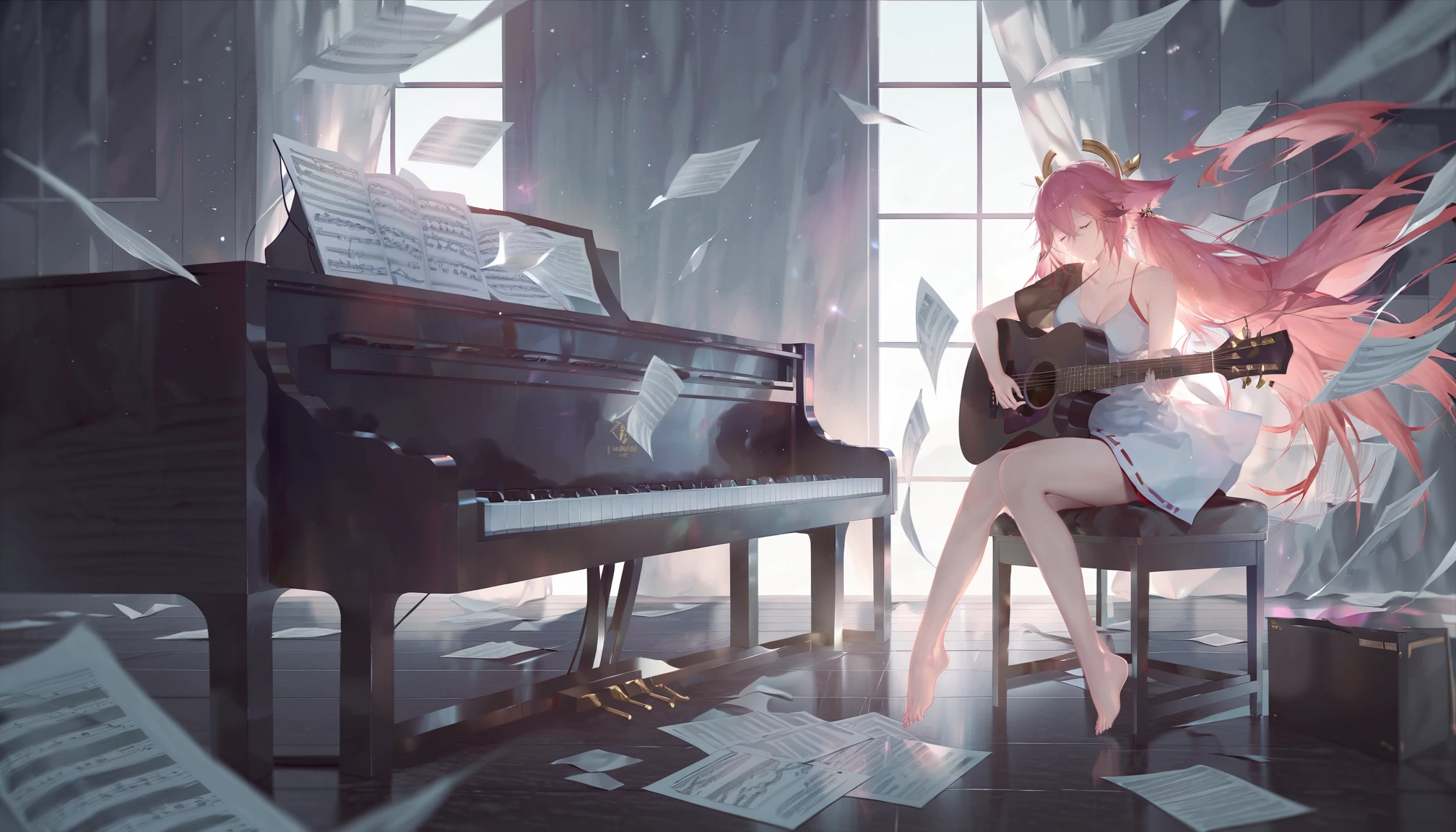 1girl, solo, indoors, window, piano, sheet music, sitting, very long hair, twintails, closed eyes, white dress, barefoot, white dress, floating hair, music, holding guitar, playing instrument, yae miko, (aesthetic:1.5), <lora:Recneps-SAIS:0.8>