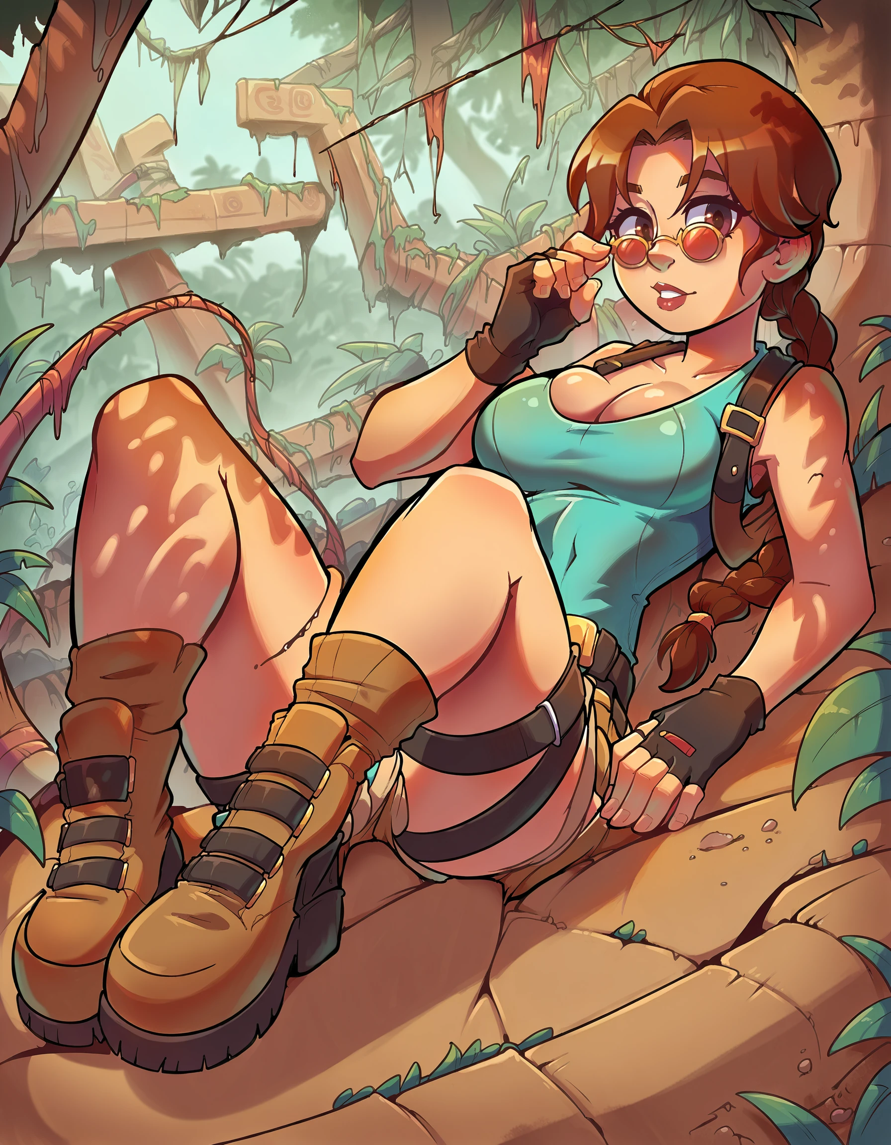 source_anime, score_9, score_8_up, score_7_up,
laracroftxl, 1girl, solo, fingerless gloves, holster, cleavage, short shorts, tinted eyewear, medium breasts, thigh holster,round eyewear, boots, leotard, 
jungle,ruins, on back, looking at viewer, 
 <lora:LoraCroftxl:1>