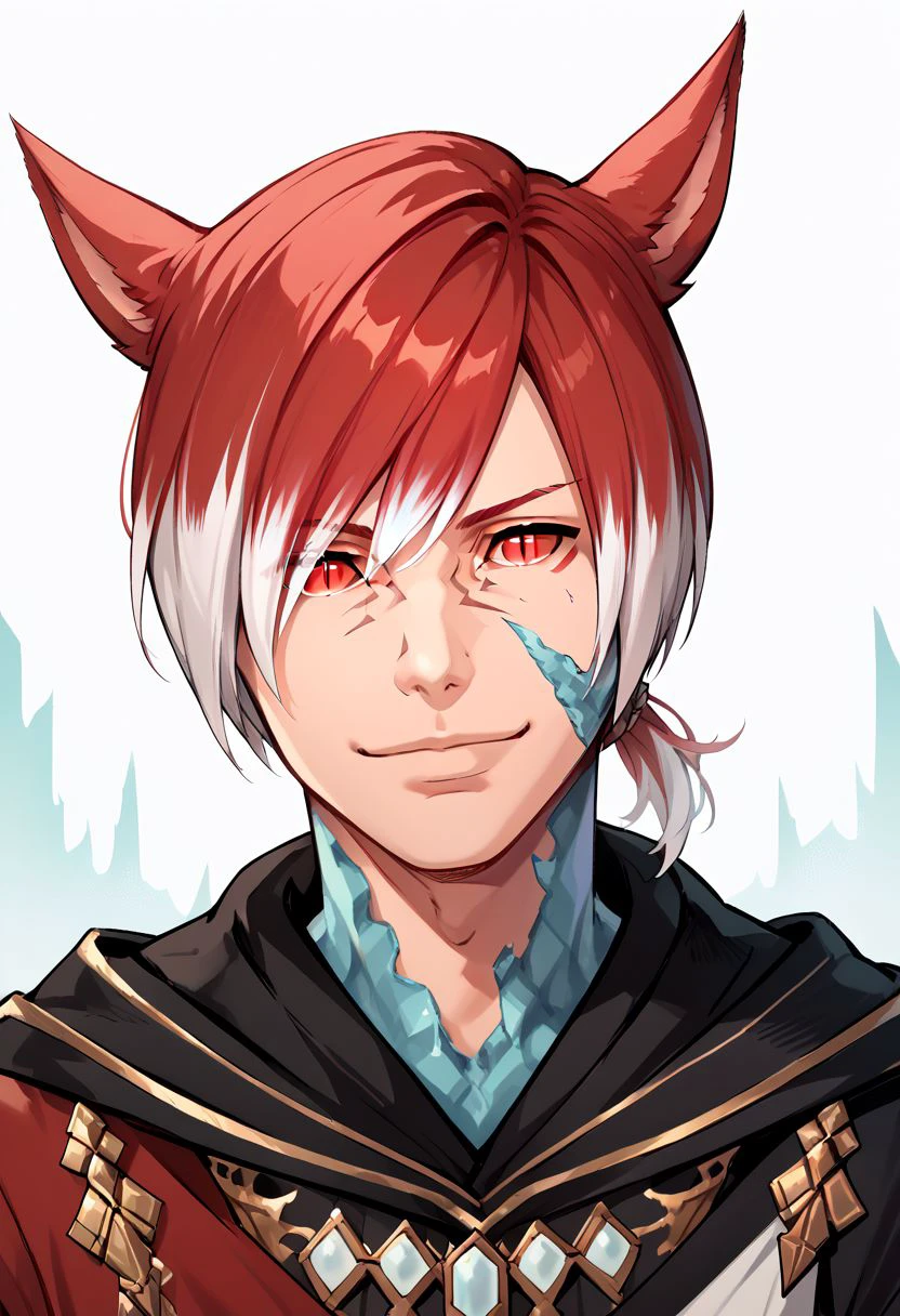 crystalexarchdskffxiv, animal ears, miqo'te, solo, 1boy, red eyes, cat ears, male focus, multicolored hair, portrait, short hair, looking at viewer, hair over one eye, two-tone hair, cat boy, bangs, slit pupils, red hair, facial mark, white hair, smile, short ponytail, PonyXLV6_Scores zPDXL