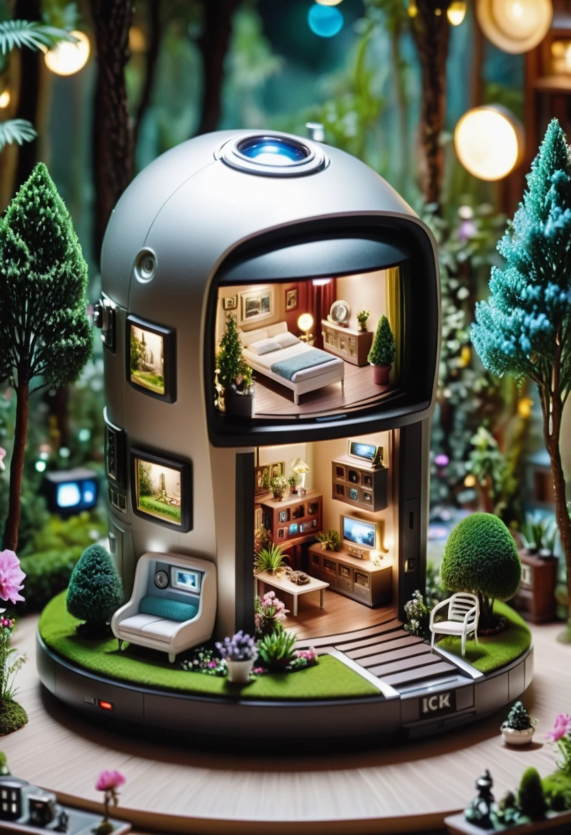 cinematic photo In a futuristic world, a miniature house sits inside a rude digital camera. It's the interior of a cozy living room, with a small garden filled with blooming flowers and tall trees. The room is decorated with intricate paintings and sculptures, , 35mm photograph, film, bokeh, professional, 4k, highly detailed,