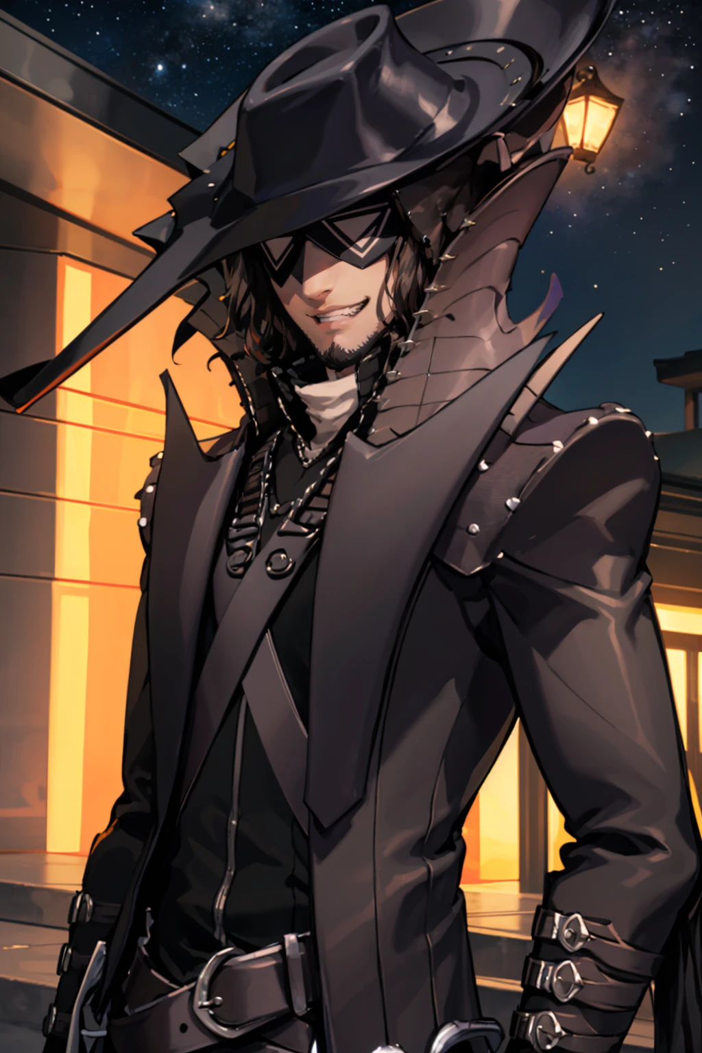 masterpiece, 1boy, solo, upper body, grin, <lora:ZenkichiP5S:0.9> ptZenkichi, mask, beard, black hat, black coat, high collar, bandolier, trench coat, night, sky, star \(sky\)