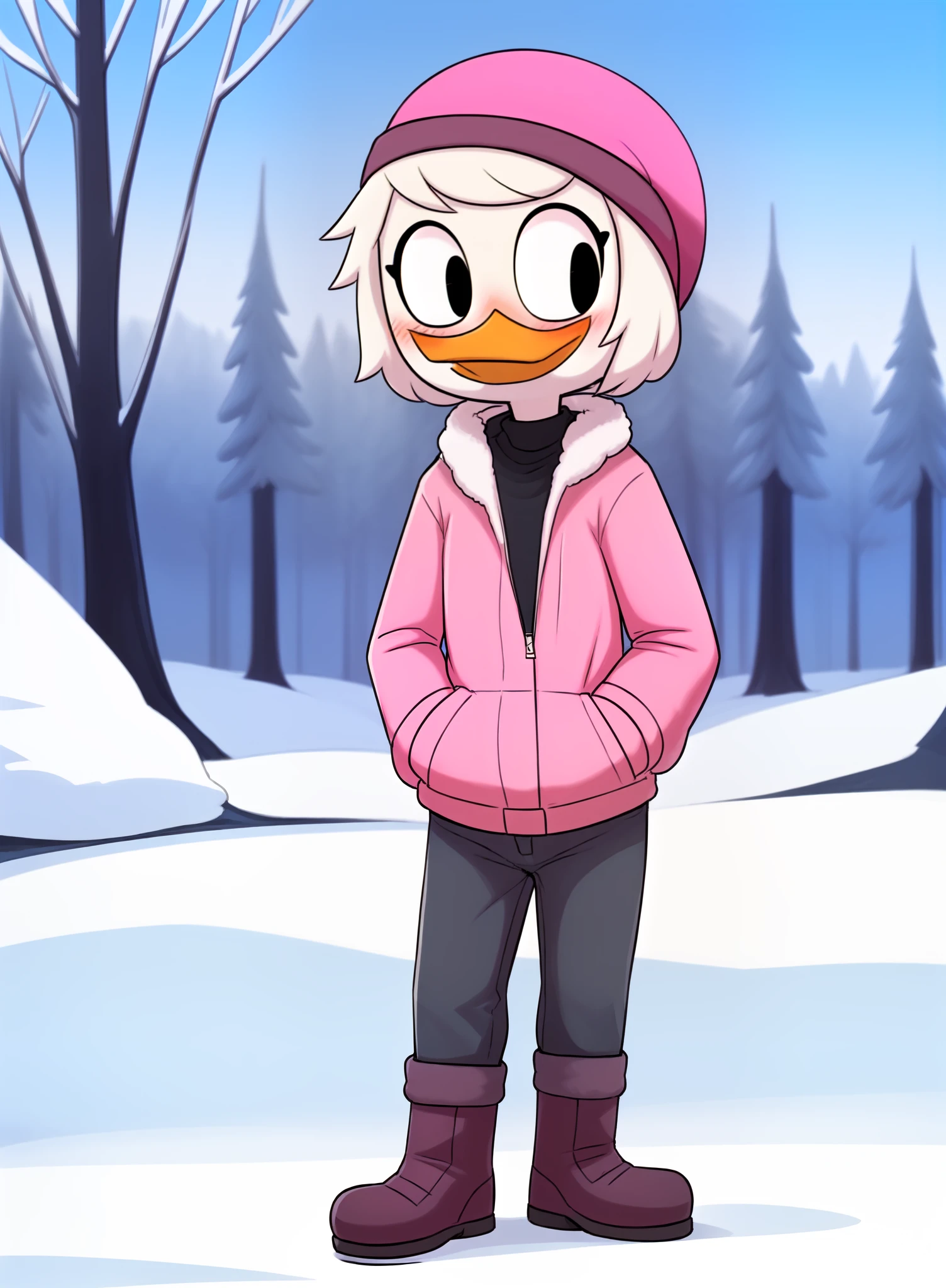 (by manmosu marimo:1.2) (by bebebebebe:0.7) (by_the-minuscule-task:0.6)  (outside, winter, snow, tree, detailed_background:1.2) webby_vanderquack, solo, (white skin, white hair, short hair, scut tail:1.2) (orange legs, young, *****, female, duck, beak:1.2) (black eyes, blush:1.3) (clothed, fully clothed, winter coat, jacket, pants, boots, hand in pocket, beanie, pink clothing:1.4) <lora:Webby Vanderquack V2A:0.5> <lora:DrockFurXL:0.6>