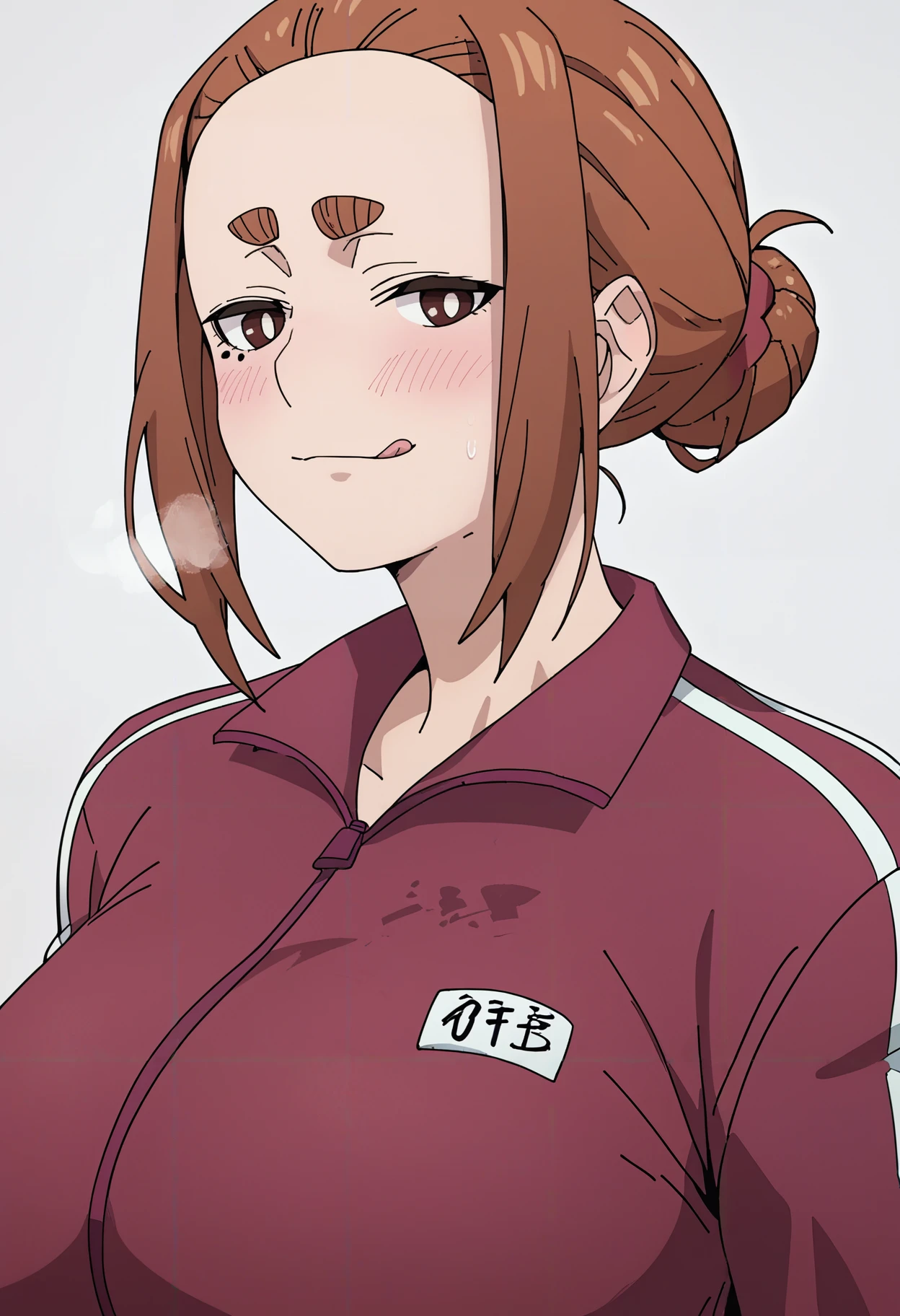 score_9,score_8_up,score_7_up,score_6_up,source_anime,sumireko ogawa, 1girl, solo,tongue out, naughty face, heavy breathing, , jacket, track jacket, hair bun, upper body, blush, single hair bun, looking at viewer, large breasts, track suit, thick eyebrows, huge breasts, red jacket, white background <lora:Sumireko Ogawa xl:0.8>