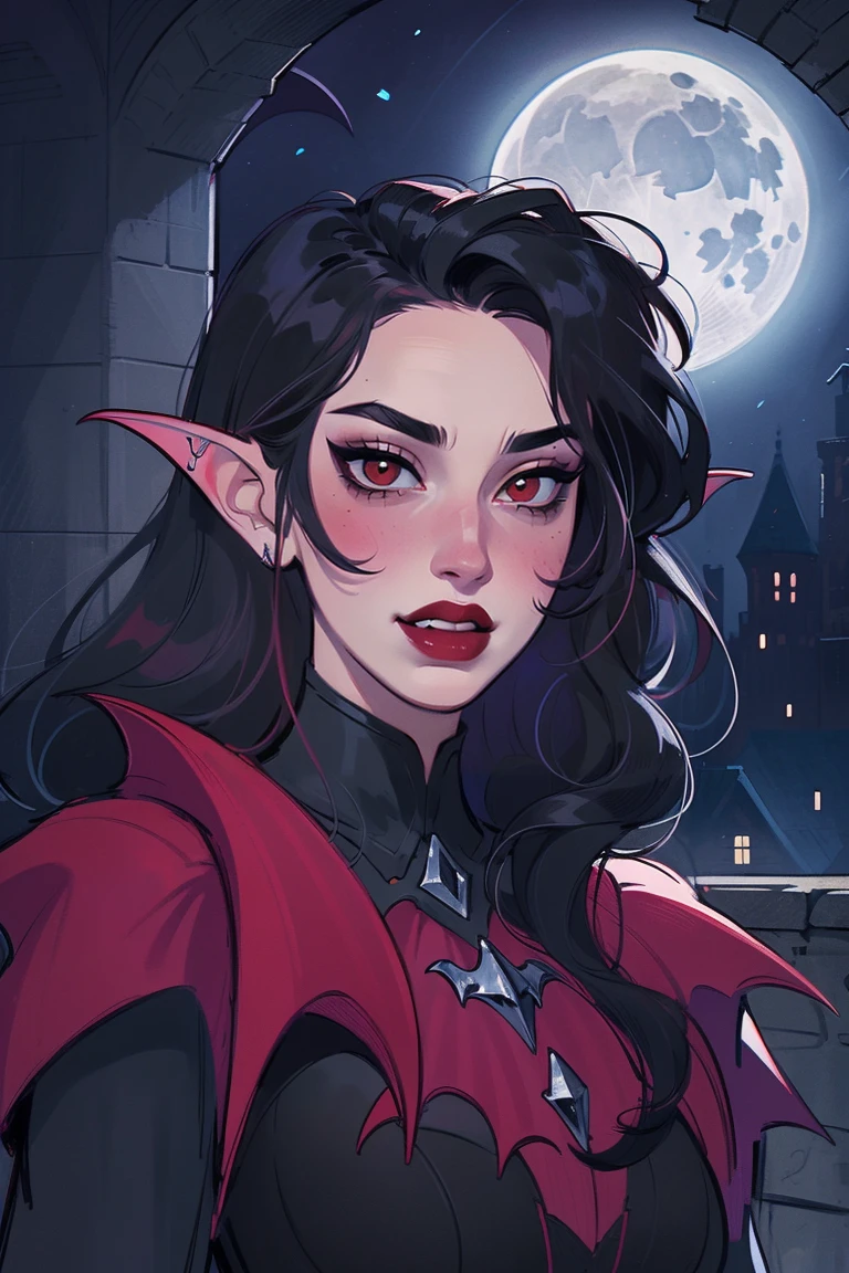 portrait of vampire queen standing in dark, black hair, no pupils, no sclera, red lips, fangs, castle indoors, moonlight, particles, night, dark scene,<lora:sxz-bgsketch-full-x:0.9> lineart