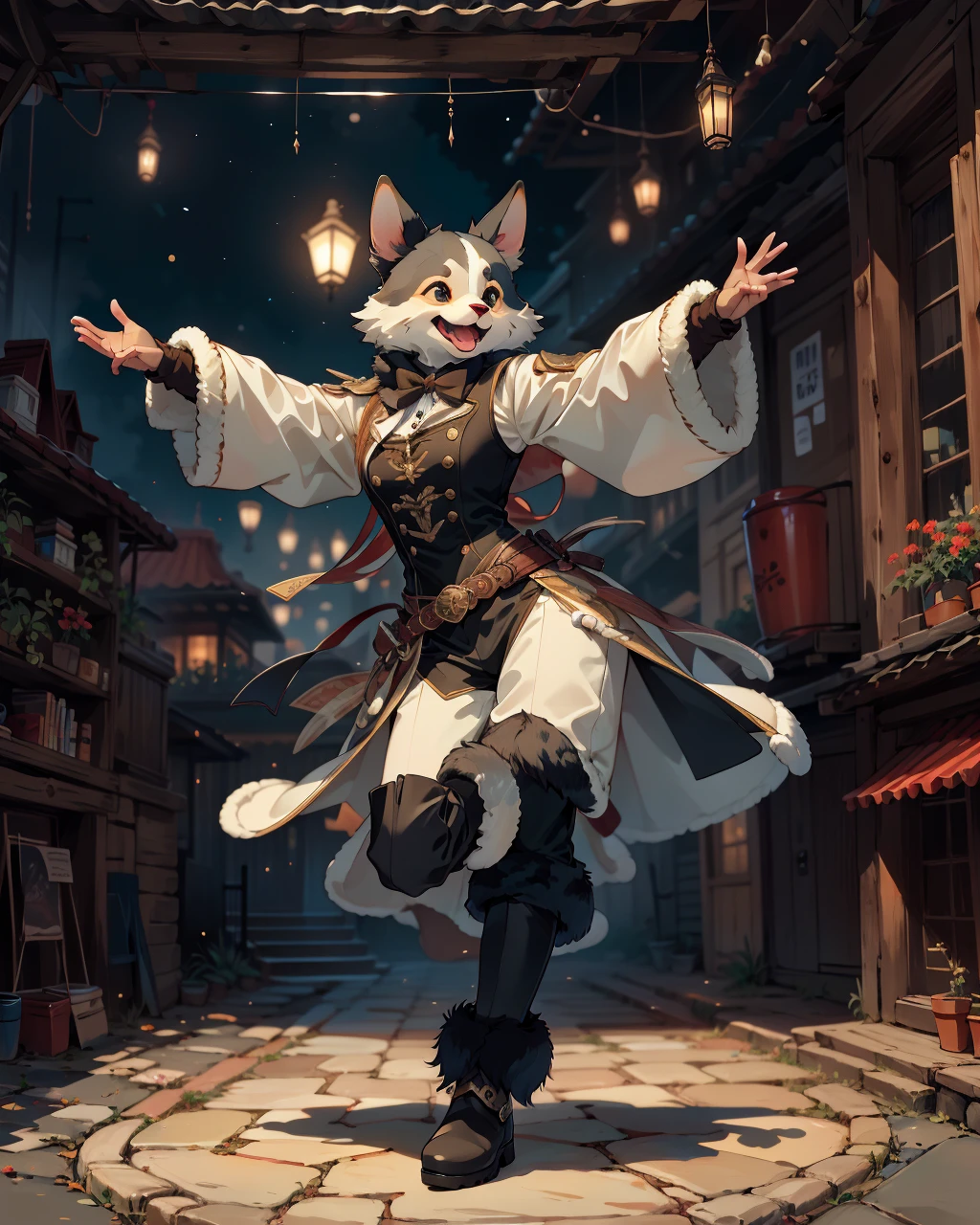 best quality,masterpiece,highly detailed,ultra-detailed,
a furry dancing happy,fur pants,paw gloves, fur boots
 <lora:neg9V2_last:0.5>  
 <lora:furrytale:1>