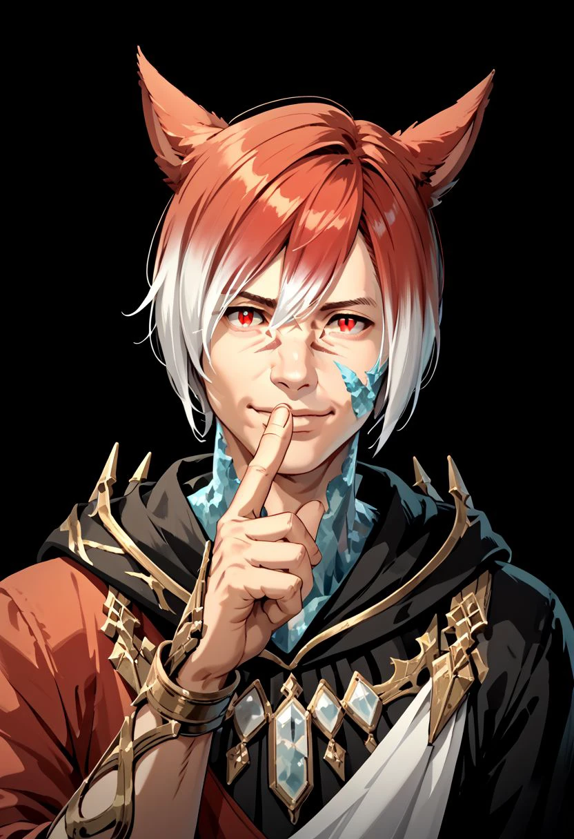 crystalexarchdskffxiv, 1boy, solo, male focus, red eyes, hood, looking at viewer, short hair, bangs, crystal, smile, finger to mouth, miqo'te, hood up, index finger raised, black background, hair between eyes, facial mark, shushing, upper body,  multicolored hair, two tone hair,  red hair,  facial mark, white hair,  hand up, slit pupils, portrait, PonyXLV6_Scores zPDXL