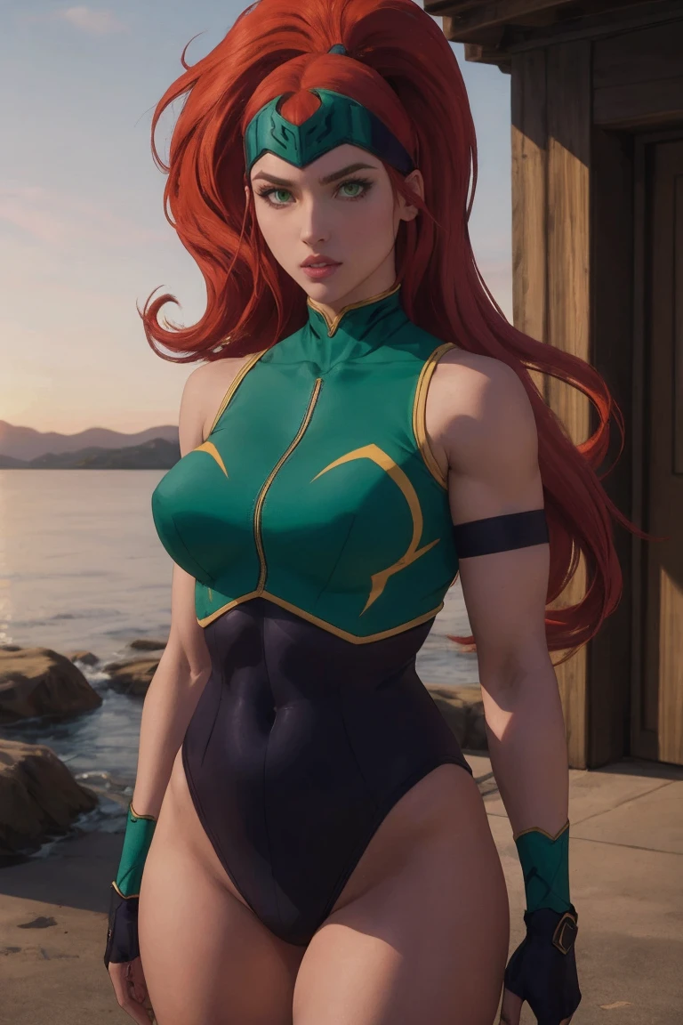 masterpiece, best quality, high quality, highres, twilight, sunset,  upper body, 
CARTOON_DC_JL_MeraQueen_ownwaifu, www.ownwaifu.com, 
1girl, long hair, red hair, big hair, ponytail, green eyes, very long hair, makeup, headband, forehead protector, lipstick, muscular, lips, helmet, muscular female, large breasts, high ponytail,  collarbone,  hair pulled back, thighs, eyelashes, eyeshadow, 
green leotard, leotard, bare shoulders, sleeveless, armor, bodysuit, gloves, fingerless gloves, turtleneck, armband, hairband, armlet, breastplate, green dress, 
<lora:CARTOON_DC_JL_MeraQueen_ownwaifu-15:0.7>