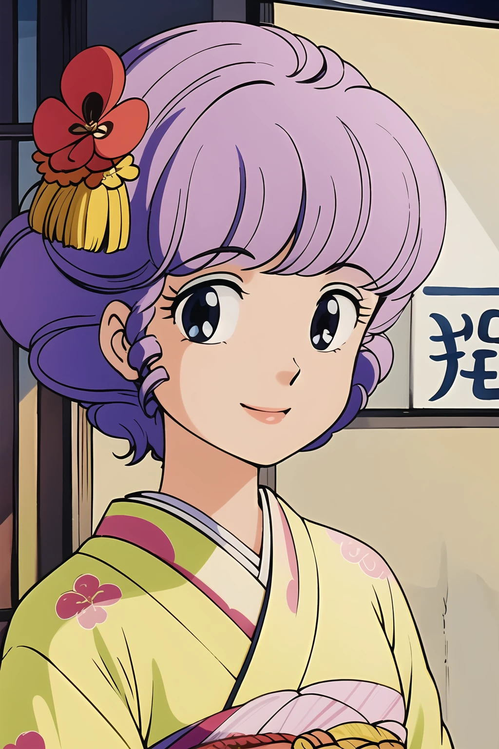 masterpiece,best quality,highres,Noise reduction,Clarity,Refinement,Detailing,Sharpness enhancement,1girl, solo,  japanese clothes, floral print kimono, flower, hair ornament, hair flower, purple hair, yellow kimono,looking at viewer, detached face,smile,close-up,