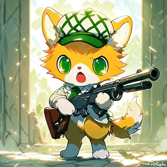 score_10, score_9_up, score_8_up, 
jewel pet,Nephrite,solo,open mouth,hat,holding,green eyes,standing,weapon,necktie,artist name,twitter username,holding weapon,gun,no humans,parody,holding gun,rifle,aiming