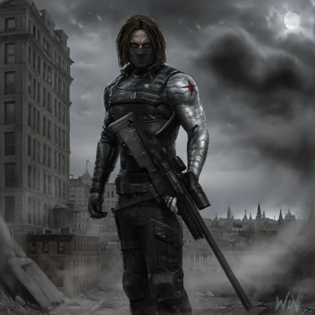 Dystopian style a full body man with black gloves and with a mask holds a rifle, city <lora:WinterSoldier1024:0.8> . Bleak, post-apocalyptic, somber, dramatic, highly detailed