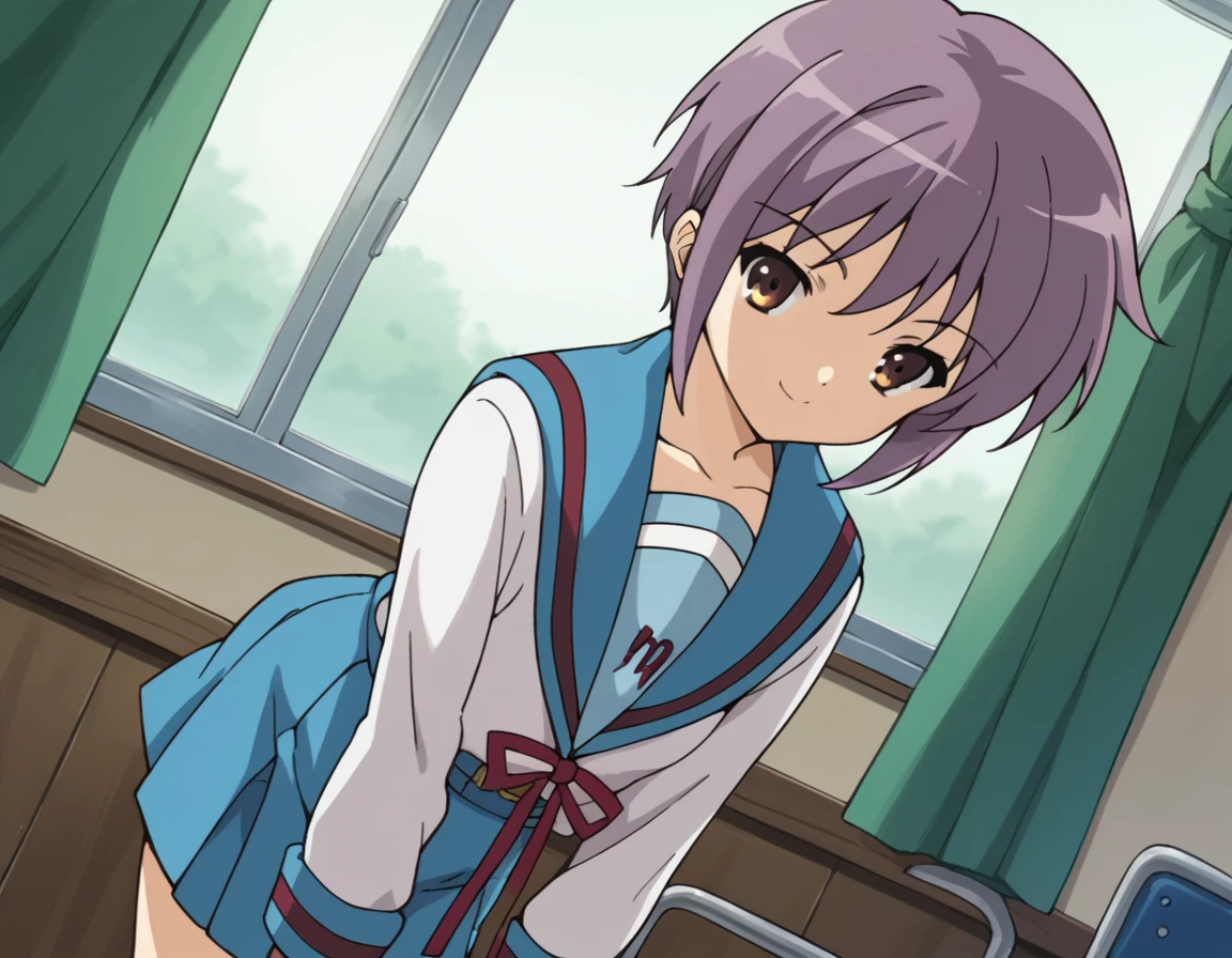 score_9, score_8_up, score_7_up, source_anime,
yukinagato,  <lora:yuki-nagato-s1-ponyxl-lora-nochekaiser:1>,
yuki nagato, short hair, bangs, brown eyes, purple hair,
skirt, long sleeves, school uniform, serafuku, sailor collar, blue skirt, blue sailor collar, winter uniform, kita high school uniform,
indoors, classroom, bent over, smile,
looking at viewer, dutch angle, cowboy shot, solo,