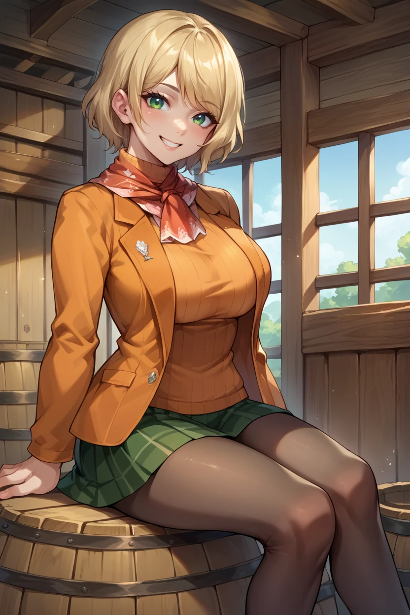 score_9, score_8_up, score_7_up, score_6_up, source_anime BREAK 1girl  <lora:ashleygraham-pdxl-nvwls-v1-000005:1> reAshley, green eyes, red neckkerchief, orange jacket, orange sweater, green miniskirt, pantyhose, (big breasts:0.6), looking at you, smile, wooden building, indoors, sitting, barrel