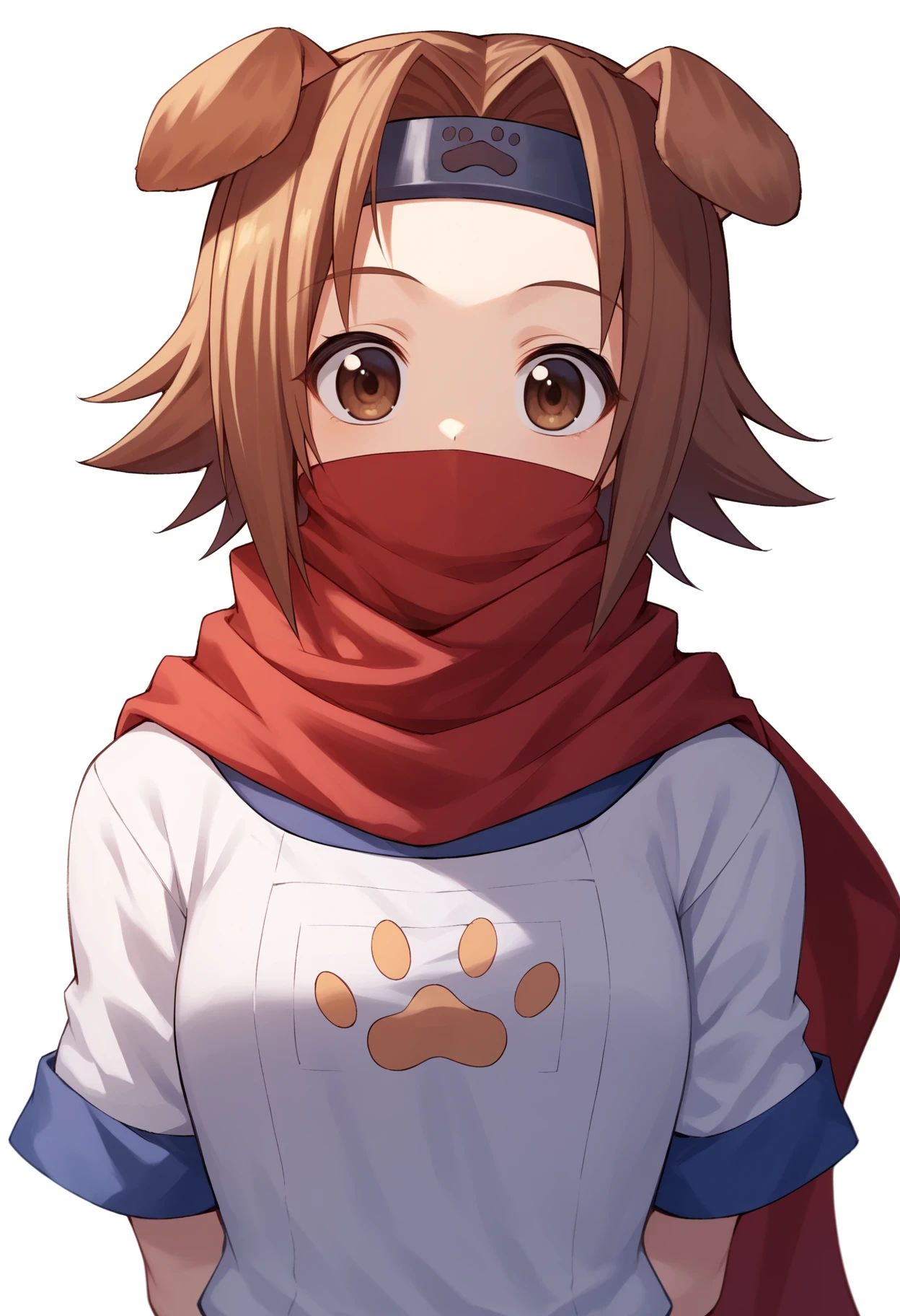 score_9, score_8_up, score_7_up, score_6_up, score_5_up, score_4_up, BREAK, source_anime,
1girl, konoha, brown hair, short hair, brown eyes, headband, dog ears,
red scarf, covered mouth, white shirt
hands behind back, smile, upper body, looking at viewer, solo, simple background, white background    <lora:KonohaXL:1>