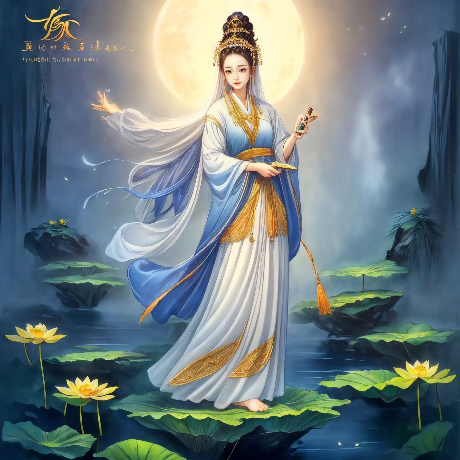 ((best quality)), ((masterpiece)),
((tangka,1girl)),lotus,water,full moon,hanfu,dress,chinese clothes,(chinese text,  text focus,wall of text),
<lora:bguanyinv5:0.489>,
<lora:add_detail:0.512>, <lora:yuzuv10:0.3>,